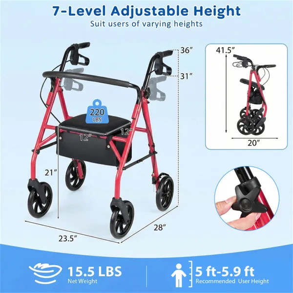 2-in-1 Rollator Walker With Seat (Red), 8-Inch Large Wheels & Versatile Braking System, Adjustable Height