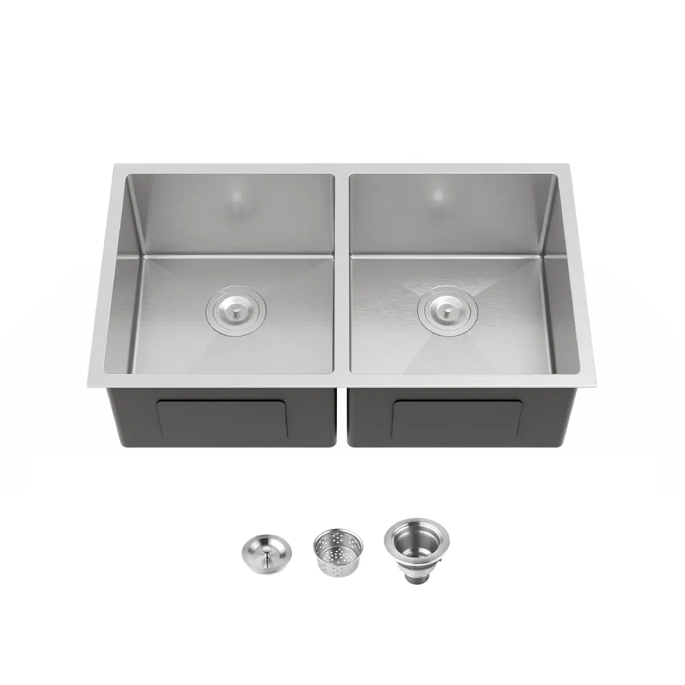 33'x19' Embedded Double Bowl Kitchen Sink, Undermount Handmade Sink In Brushed - Sink Only - Unable Ship Weekends, TK And TEMU Only For Pickup