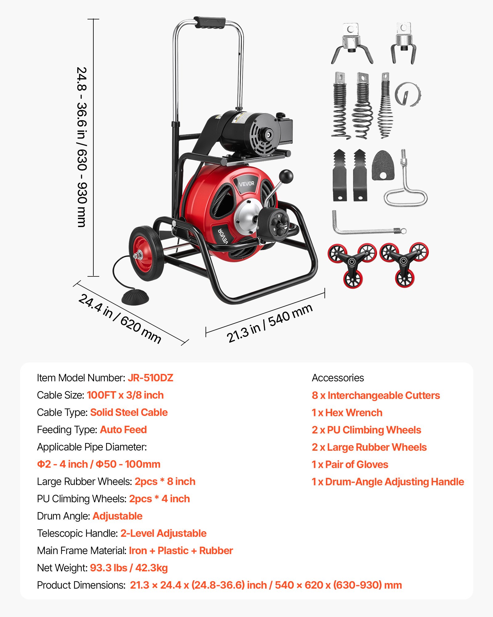 Drain Cleaner Machine 100 FT X 3/8 Inch, Auto Feed Sewer Snake Auger, Portable Drain Cleaning Machine With Climbing Wheels, Adjustable Drum, 8 Cutters & Foot Switch For 2" To 4" Pipes