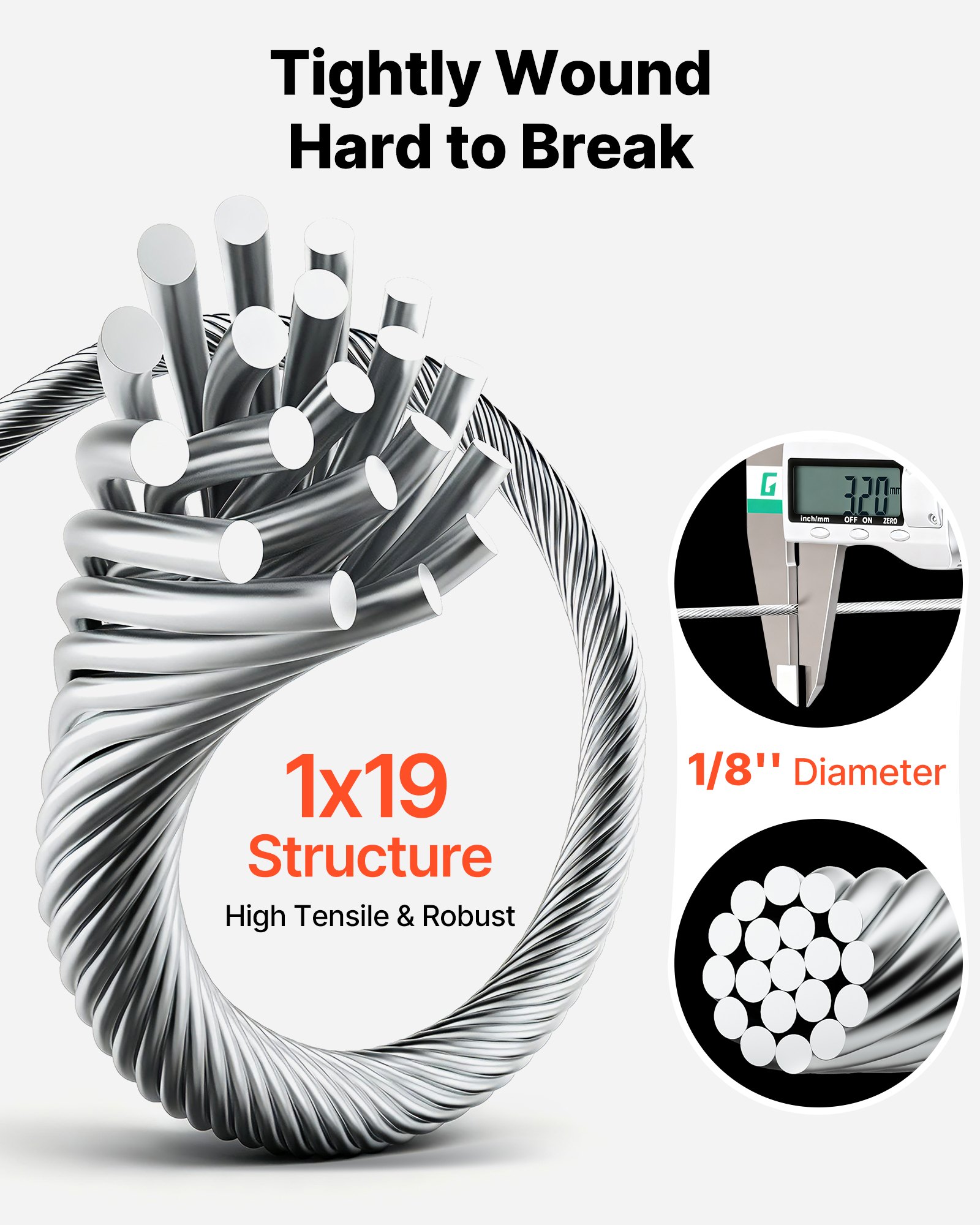 1/8 Inch Wire Rope, 1000 Ft Length, 316 Stainless Steel Wire Cable With Cutter, 1760 Lbs Breaking Strength, 1 X 19 Strands Construction, Steel Cable For Deck Railing System, Garden Trellis