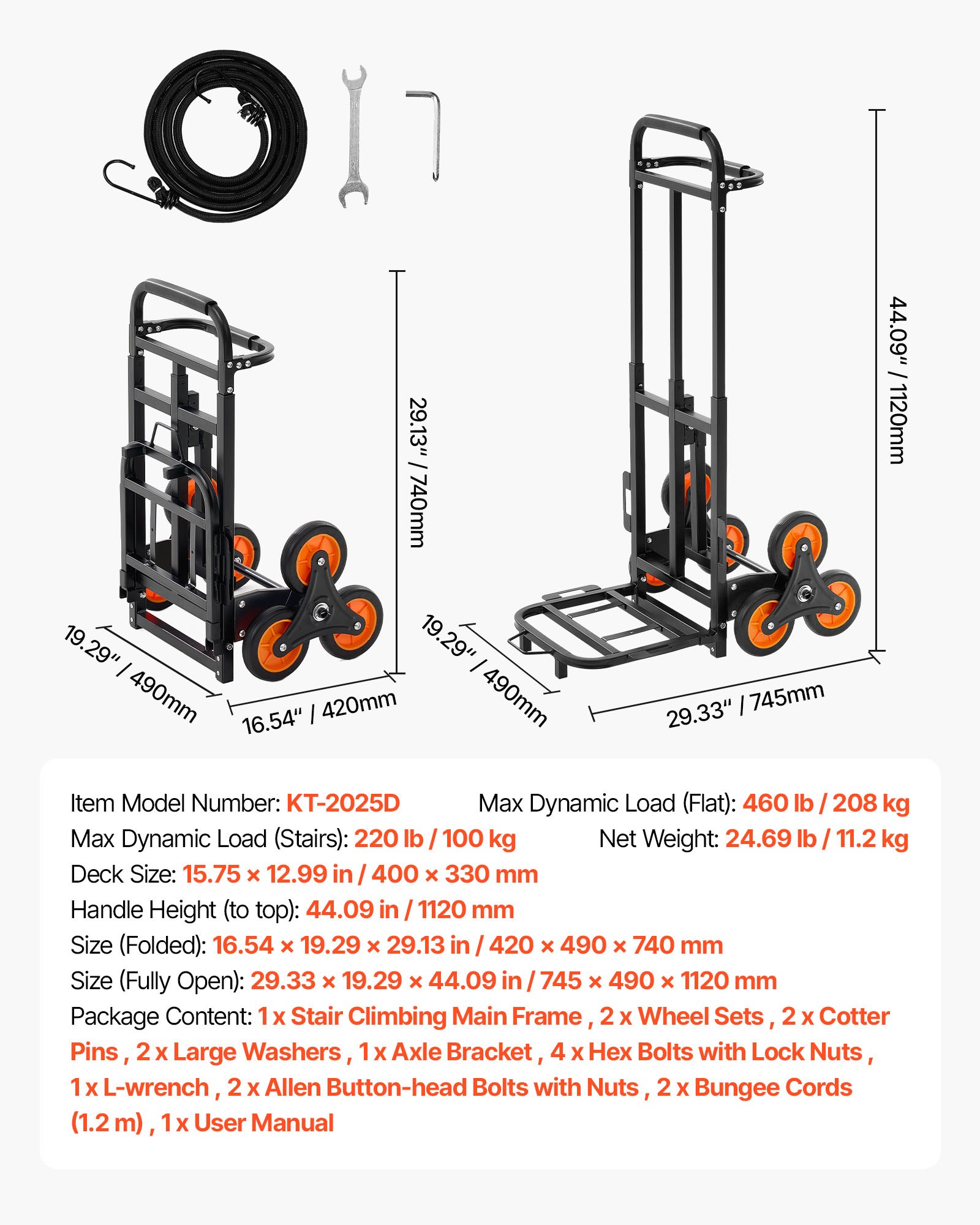 Stair Climbing Cart, 220 Lbs Stair-Climbing Capacity, Heavy-Duty Folding Trolley Cart With Telescoping Handle, 6 Wheels And 2 Bungee Cords, Stair Climber Dolly For Home, Groceries, Warehouse