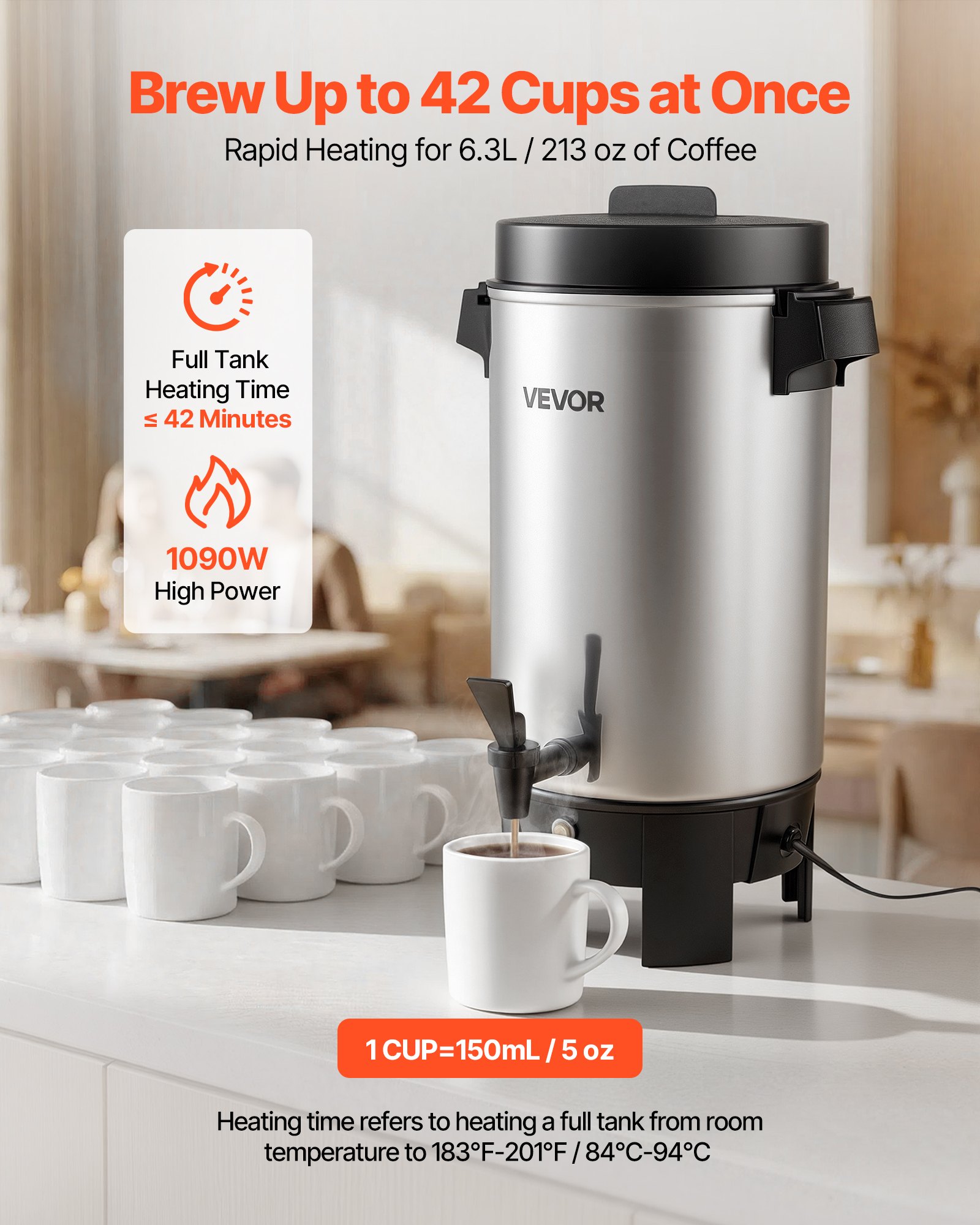 Commercial Coffee Urn, 40 Cup 203oz Hot Beverage Dispenser With Dripless Faucet, 1090W Quick-Brewing… image 2