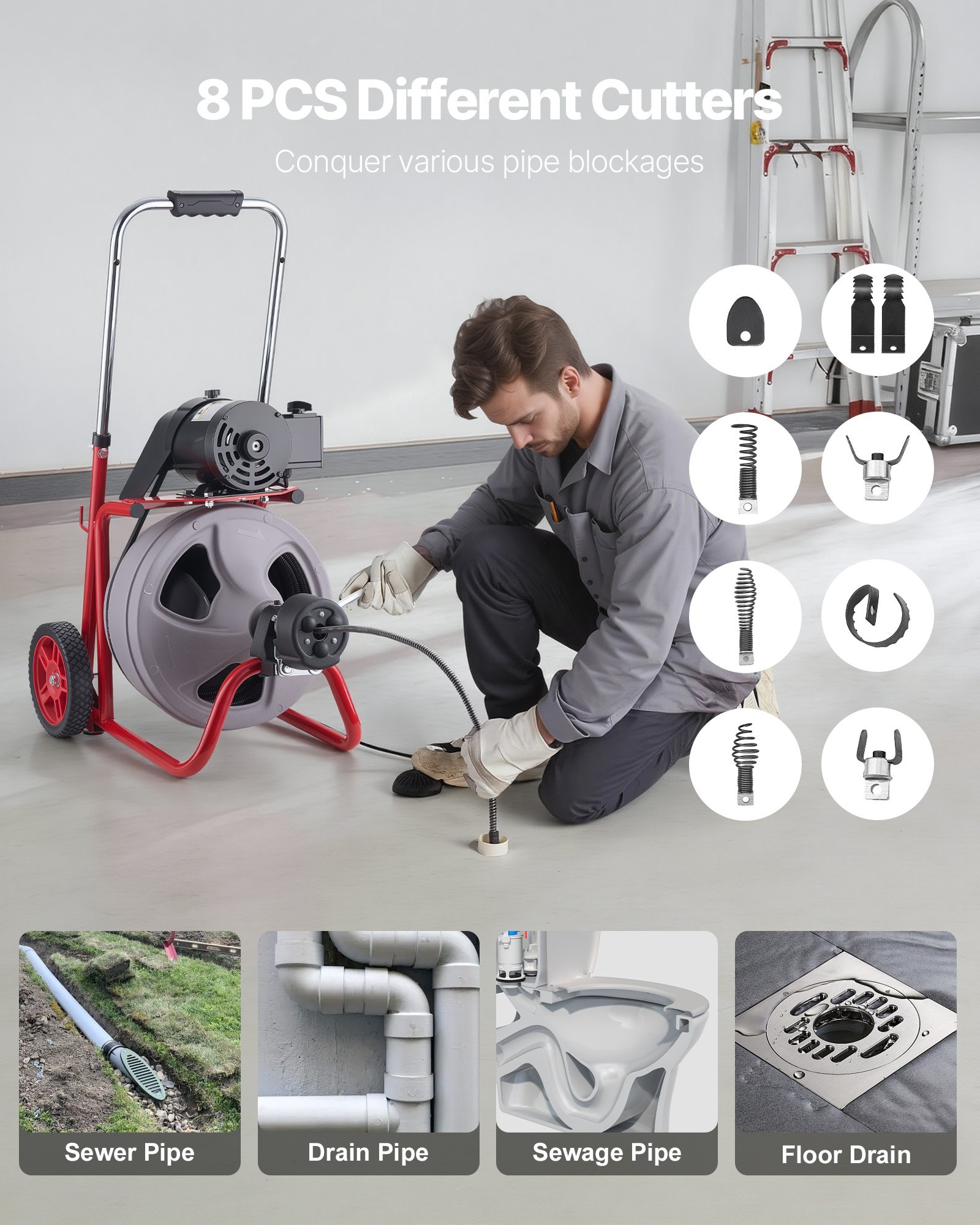 Drain Cleaner Machine 75 FT X 3/8 Inch, Auto Feed Sewer Snake Drain Auger On Wheels, Portable Drain Cleaning Machine With 8 Cutters & Air-Activated Foot Switch For 2" To 4" Pipes