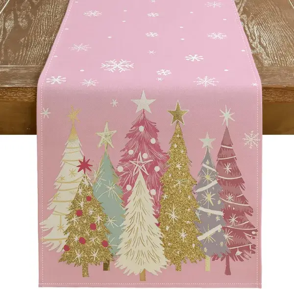 Christmas Table Runner 13x72 Inch, Xmas Trees Snowflakes Holiday Decorative Farmhouse Table Decoration For Kitchen Dinning, Indoor Outdoor Dinner Party Decor