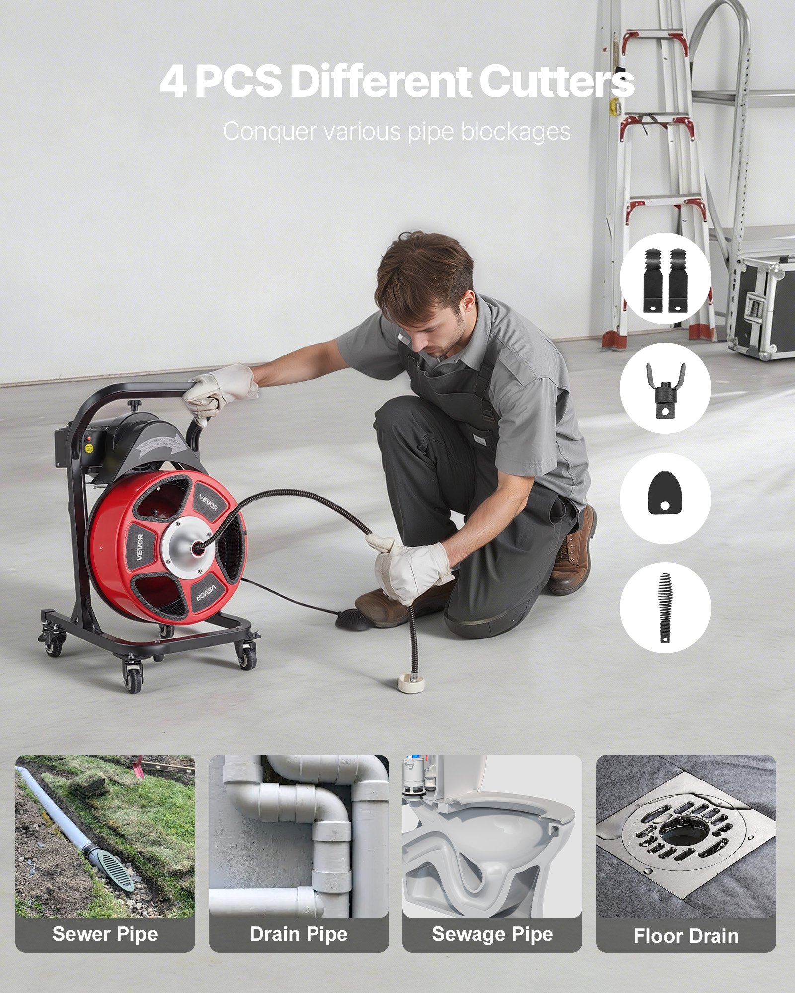 Drain Cleaner Machine 50 FT X 1/2 Inch, Manual Feed Sewer Snake Auger On Wheels - With 4 Cutters & Air-activated Foot Switch For 2" To 6" Pipes