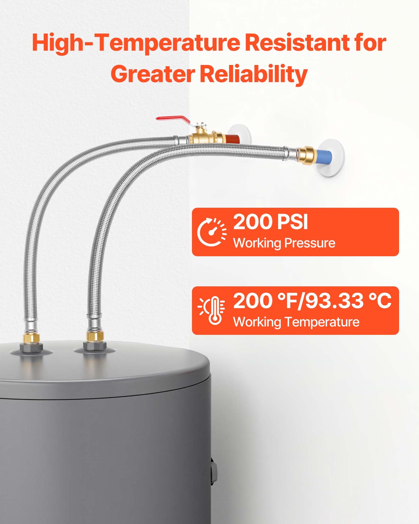 Water Heater Kit, Push-Fit Valve Flexible Water Heater Connector With 3/4" FIP X 3/4" PTC Ball Valve, Stainless Steel Braided Waters Heaters Supply Line For Bathroom, Kitchen, Laundry Room