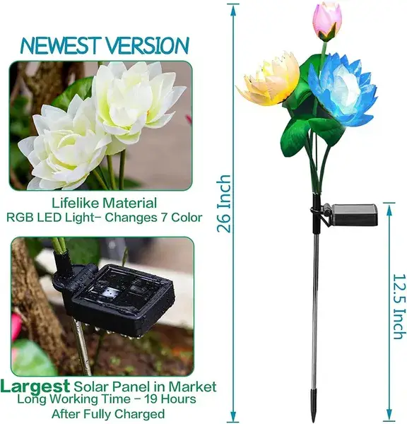Solar Garden Lights, Lotus Flower Lights, Outdoor Light For Garden, Patio, Yard Decoration, 7 Color Changing Decorative Light, Larger Solar Panel-4 Pack