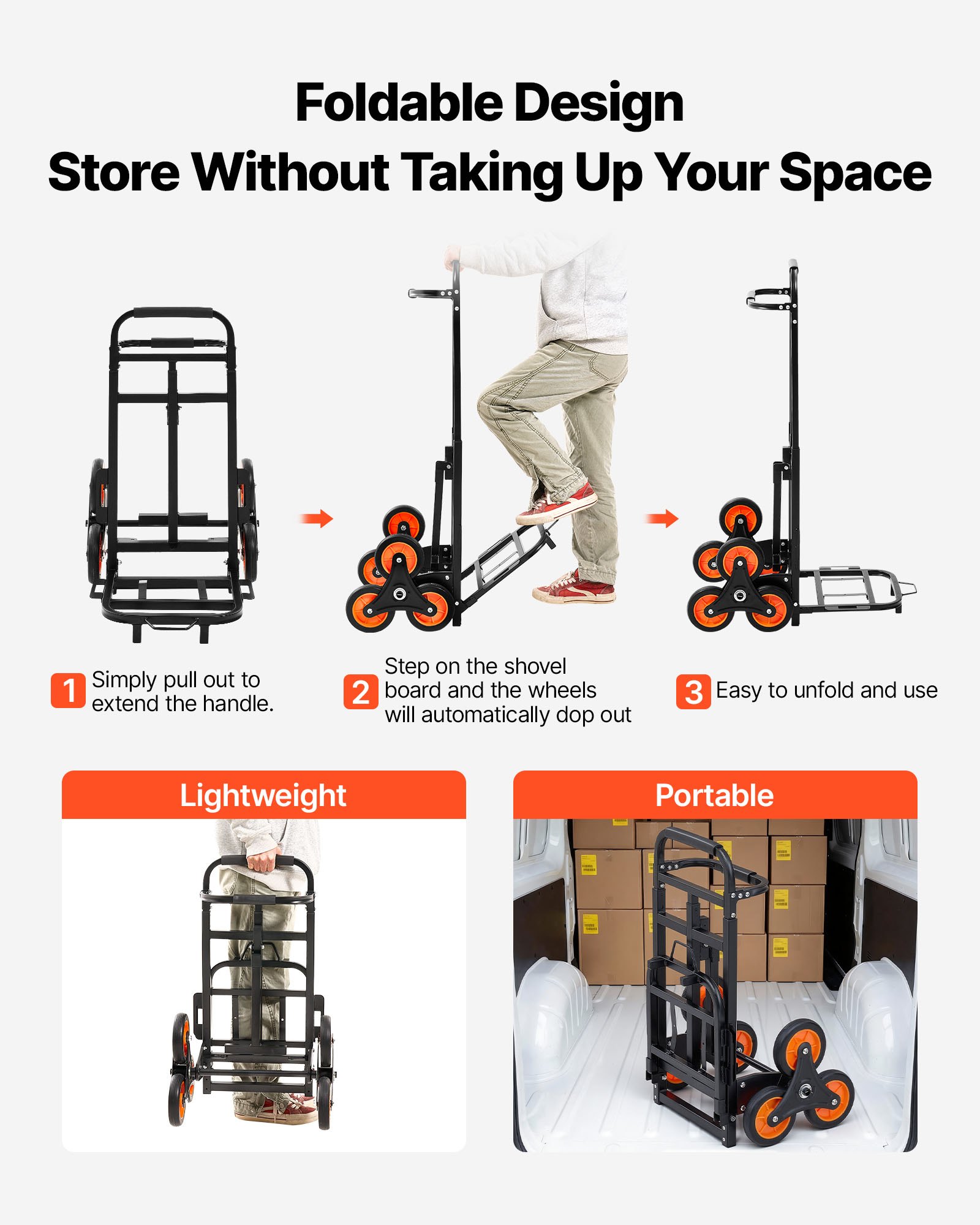 Stair Climbing Cart, 220 Lbs Stair-Climbing Capacity, Heavy-Duty Folding Trolley Cart With Telescoping Handle, 6 Wheels And 2 Bungee Cords, Stair Climber Dolly For Home, Groceries, Warehouse