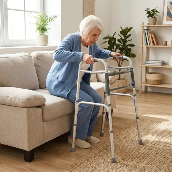 Silver Foldable Walker, 2-Button Folding Mechanism