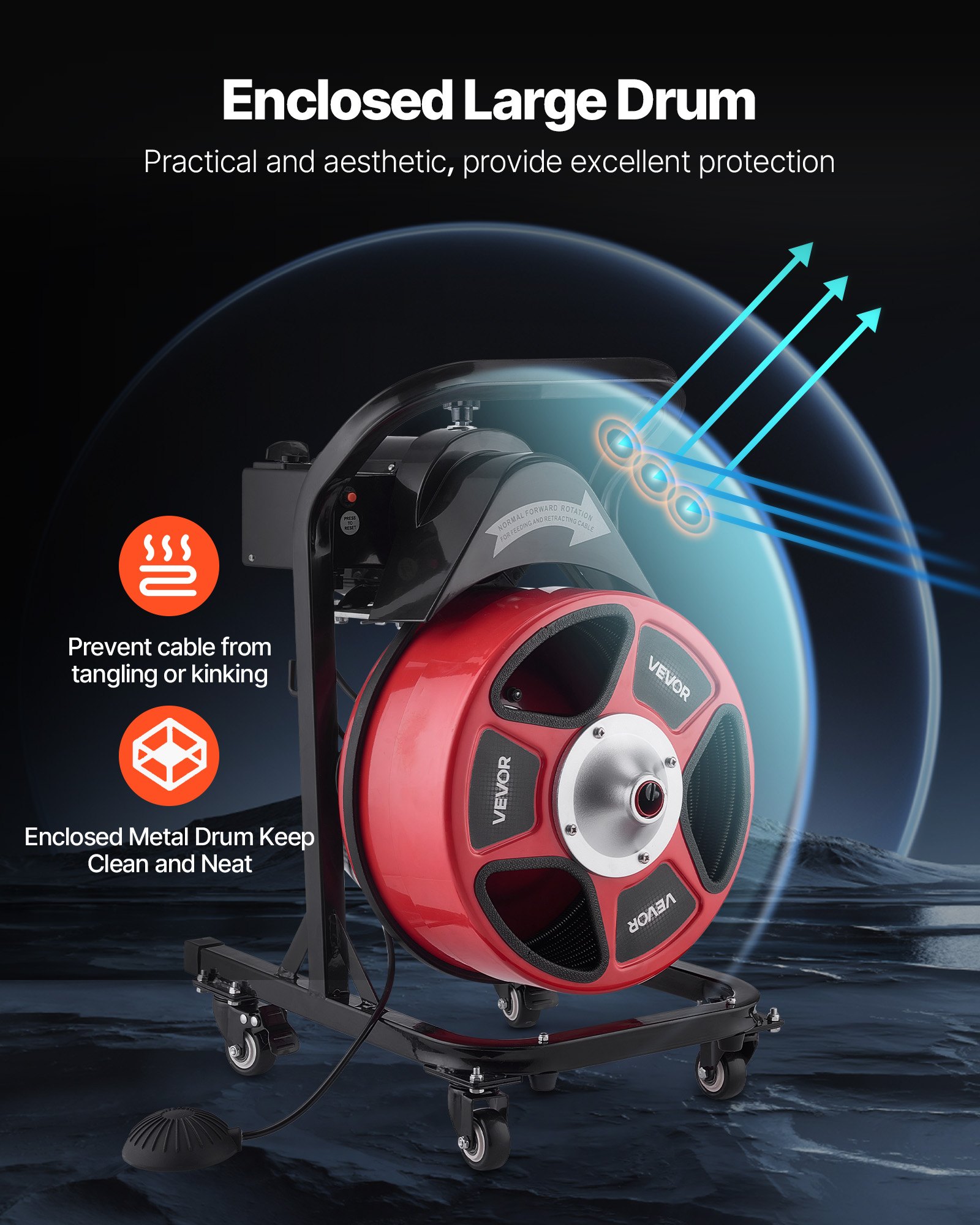 Drain Cleaner Machine 50 FT X 1/2 Inch, Manual Feed Sewer Snake Auger On Wheels - With 4 Cutters & Air-activated Foot Switch For 2" To 6" Pipes