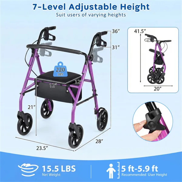 2-in-1 Rollator Walker With Seat (Purple), 8-Inch Large Wheels & Versatile Braking System, Adjustable Height