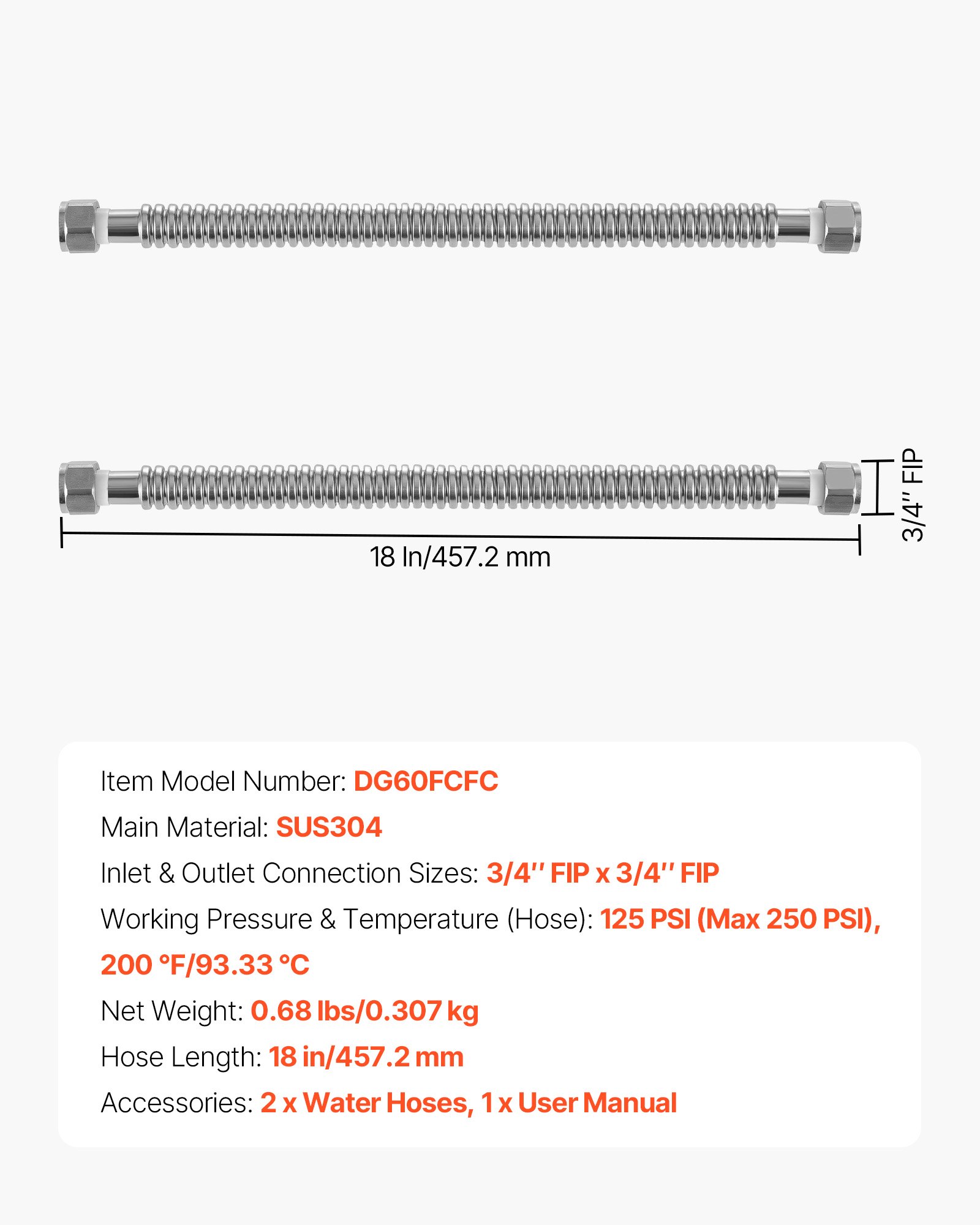 Water Heater Kit, 18 Inch Length Water Heater Flex Connector