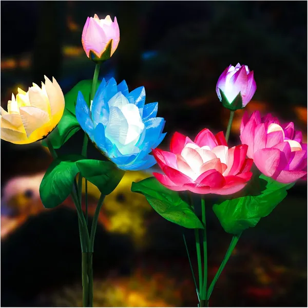 Solar Garden Lights, Lotus Flower Lights, Outdoor Light For Garden, Patio, Yard Decoration, 7 Color Changing Decorative Light, Larger Solar Panel-4 Pack