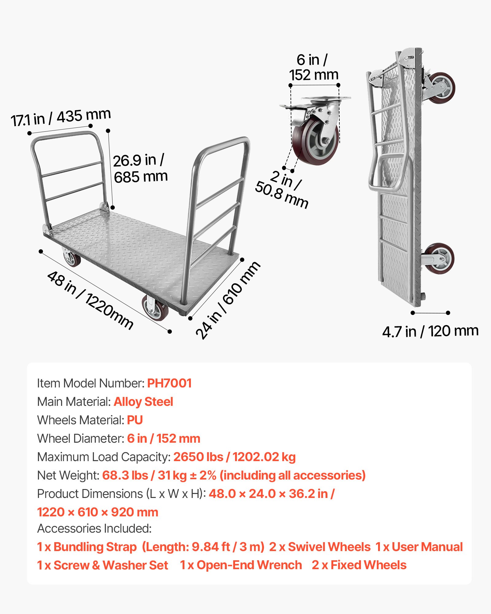 Platform Truck, 2650 Lbs Capacity, Heavy Duty Flatbed Cart Dolly With Detachable Guardrail And Swivel Wheels, Foldable Hand Push Truck Cart, For Groceries, Garage, Warehouse, 48 X 24 X 36.2 In