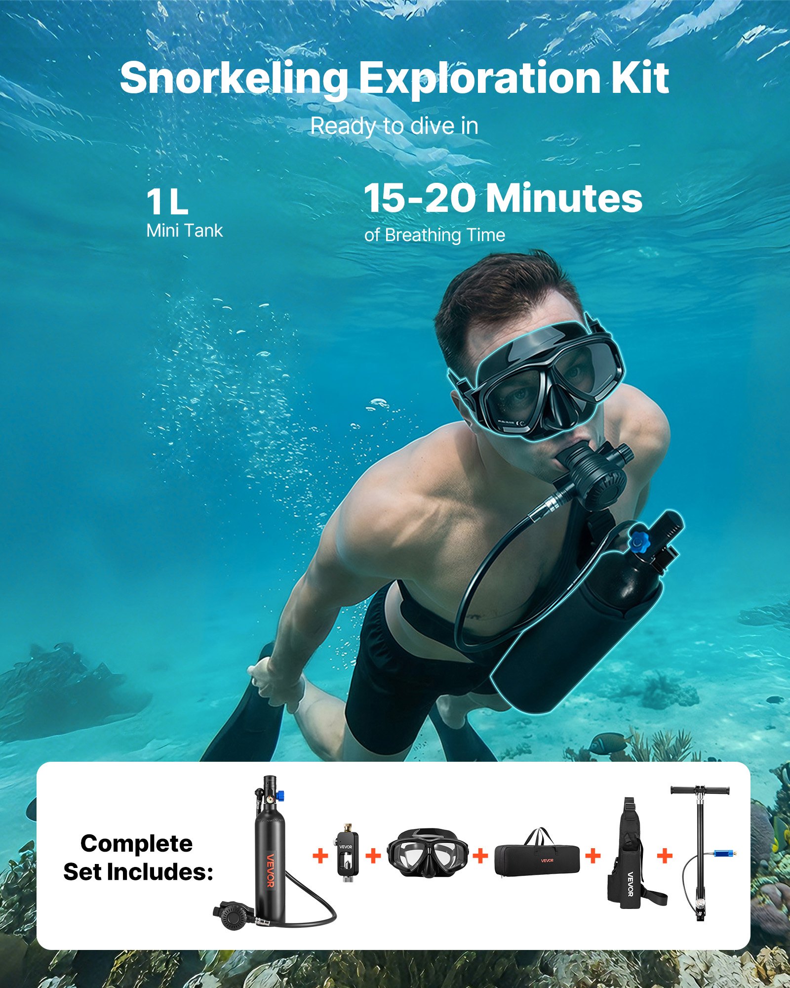 Mini Scuba Tank, 1L Portable Diving Tank For Underwater Breathing, Reusable Lung Diving Cylinder Up To 20 Minutes Dive Time, Emergency Rescue Pony Bottle With Adapter & Goggles For Snorkeling_voghion.com