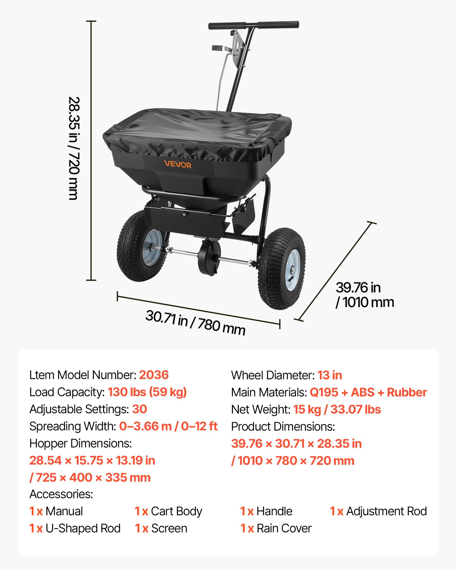 Walk-Behind Spreader, 12ft Spreading Width, Push Broadcast Spreader With 13" All-Terrain Tires, Adjustable Flow Control, 130lbs Capacity Hopper, Lawn Spreaders For Fertilizer Seed Ice Melt