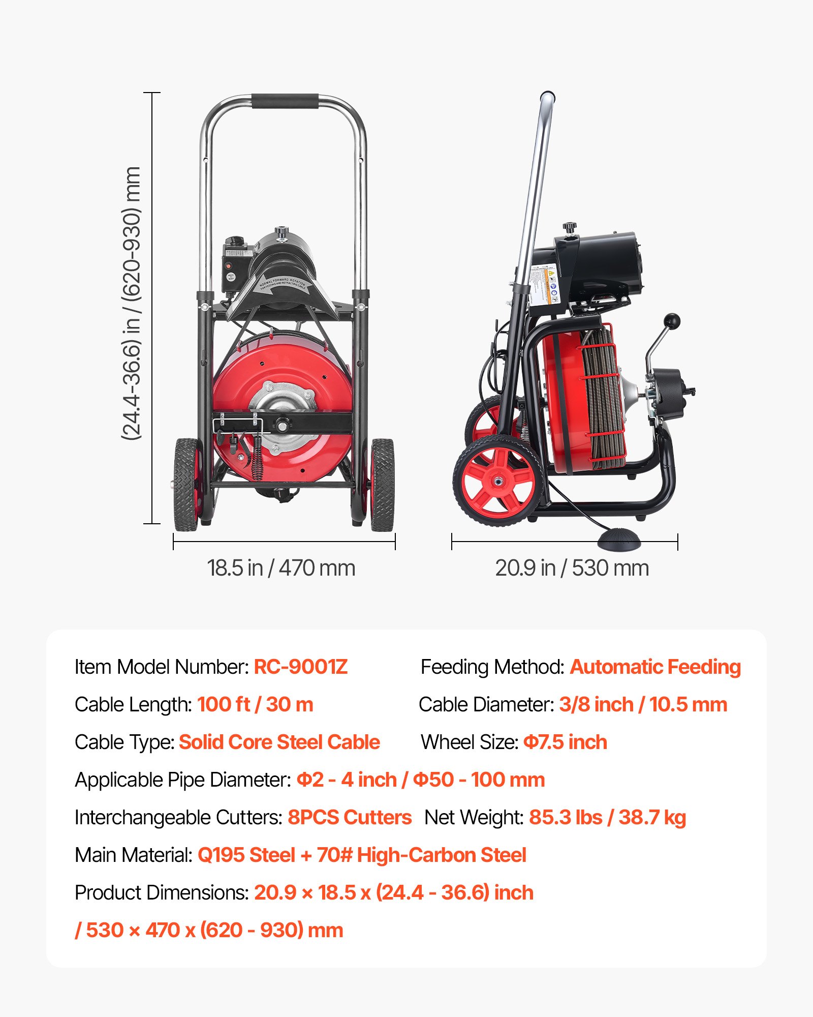 Drain Cleaner Machine 100 FT X 3/8 Inch, Auto Feed Sewer Snake Auger On Wheels - With 8 Cutters & Air-Activated Foot Switch For 2" To 4" Pipes