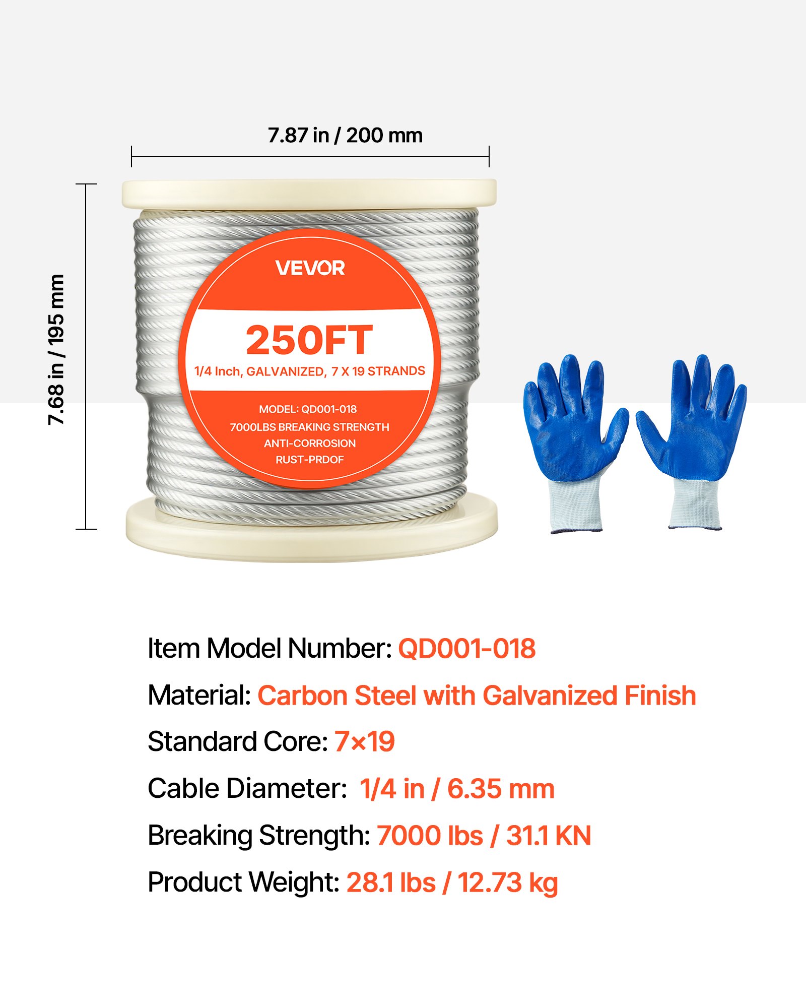 1/4 Inch Wire Rope, 250 Ft Length, Zinc Galvanized Carbon Steel Cable With Gloves, 7000 Lbs Breaking Strength, 7 X 19 Strands Construction, Wire Cable For Deck Railing System, Garden Trellis