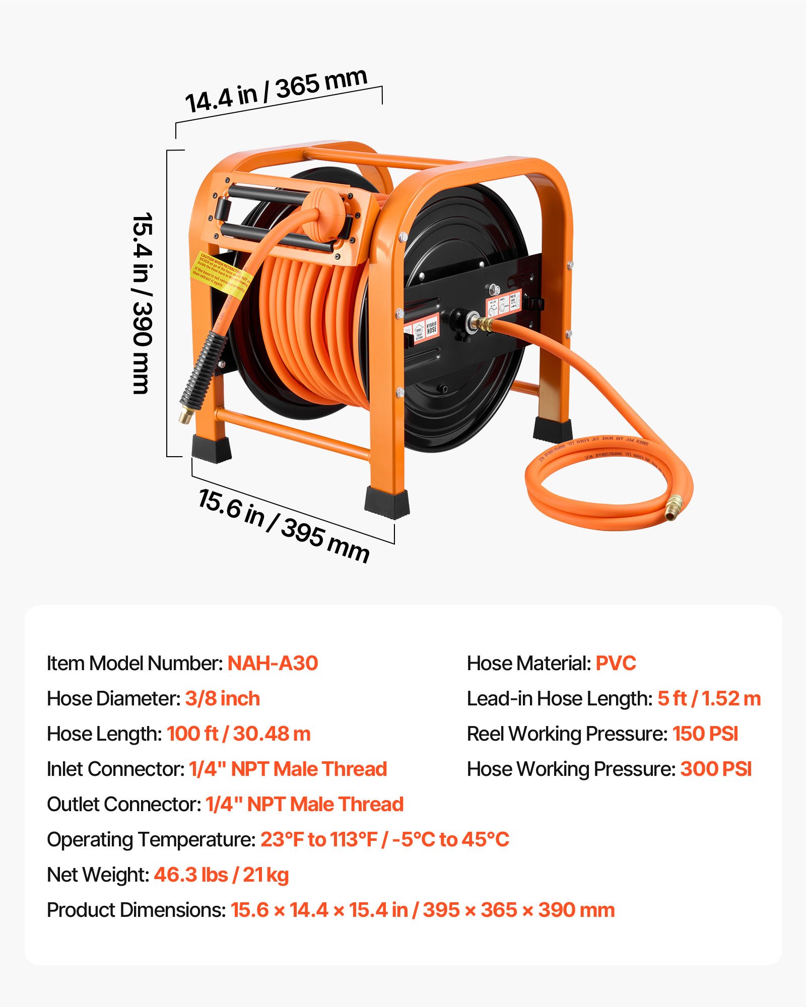 Retractable Air Hose Reel, 3/8 Inch X 100 FT PVC Air Hose Max 300PSI, Auto Rewind Air-Compressor Hoses Reel With 5 Ft Lead In, Portable Freestanding Heavy Duty Steel Reel For Garages Workshops