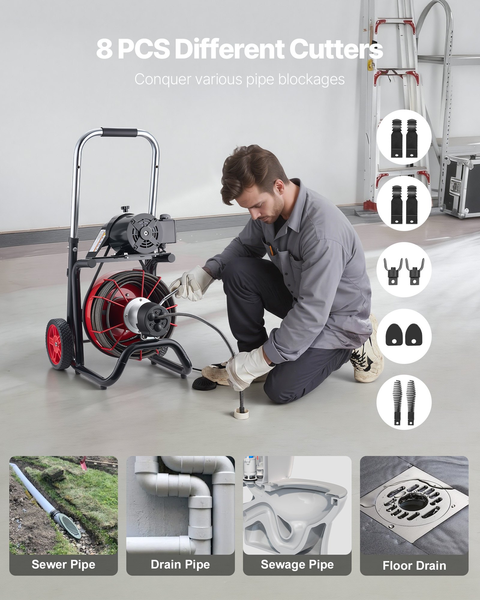 Drain Cleaner Machine 100 FT X 3/8 Inch, Auto Feed Sewer Snake Auger On Wheels - With 8 Cutters & Air-Activated Foot Switch For 2" To 4" Pipes