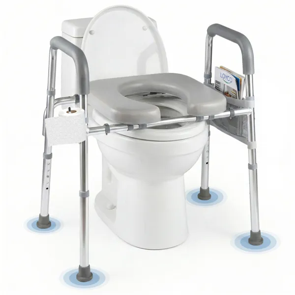 Adjustable Raised Toilet Seat (25.5"-28" Width X 27"-31" Height), 300LBS Capacity With Armrests & Storage Pouch