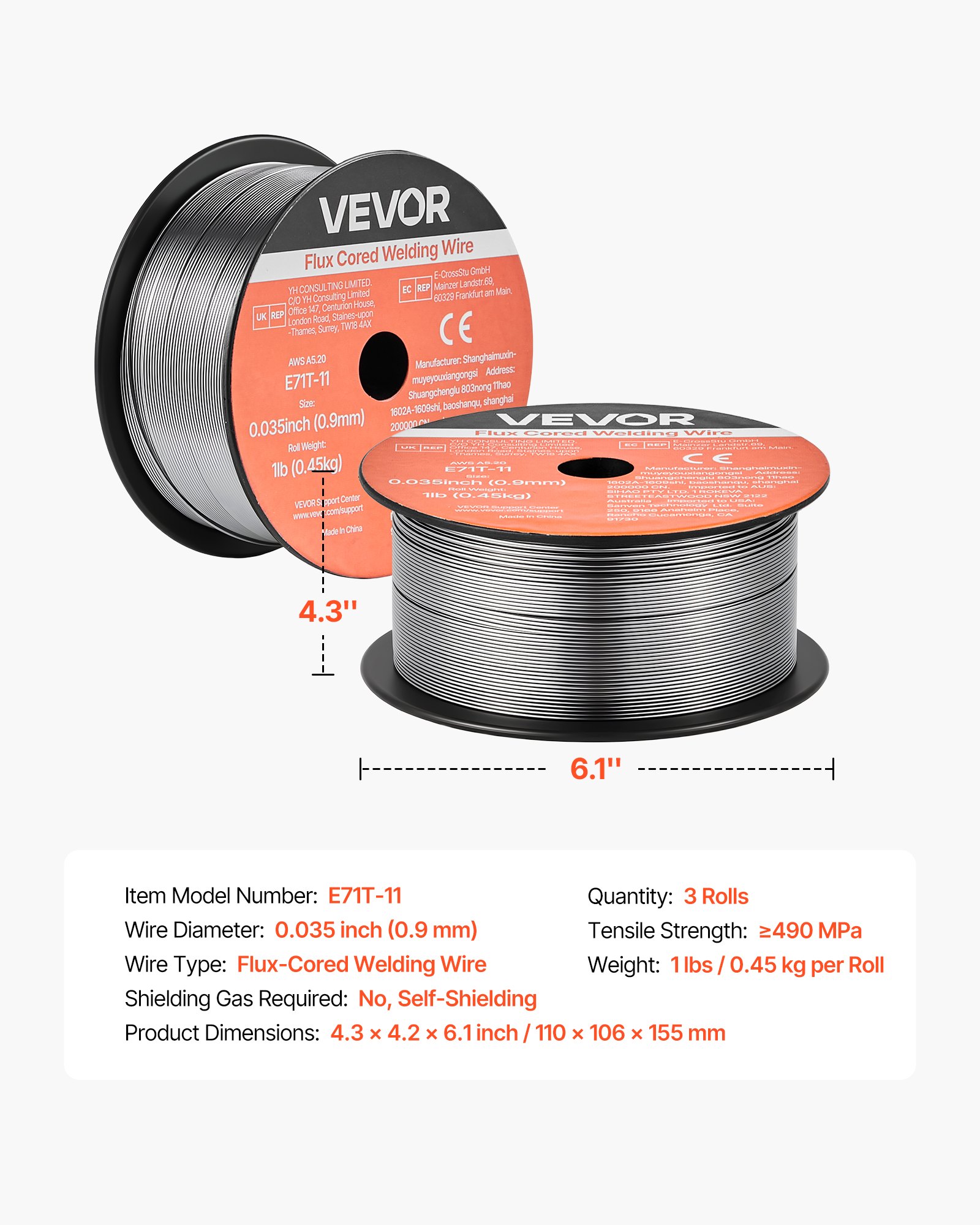 Flux Core MIG Welding Wire, E71T-11 0.035-inch 1 LBS, Gasless Mild Steel Welding Wire With Low Spatter For All Position Arc Welding, Self-Shielded For Outdoor Use (Pack Of 3 Rolls)