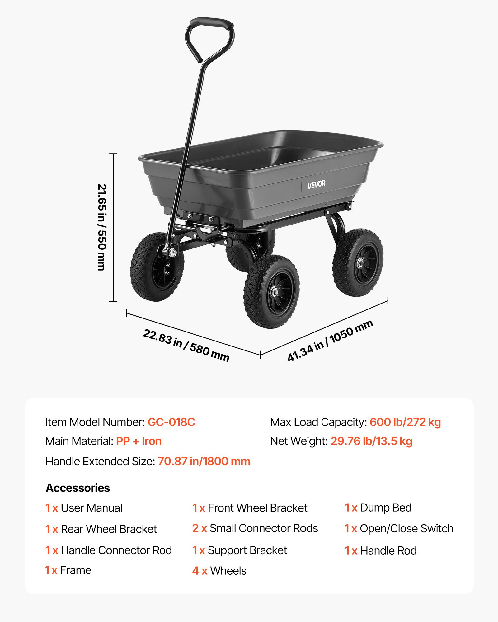 Garden Dump Cart, 600 Lbs Poly Dump Cart, Garden Carts Dumps Wagon With 90° Quick-Dumps Mechanism, 180° Swivel Wheels, 270° Flexible Rotating Bearings, Yard Wagon For Plants, Soil, Crops