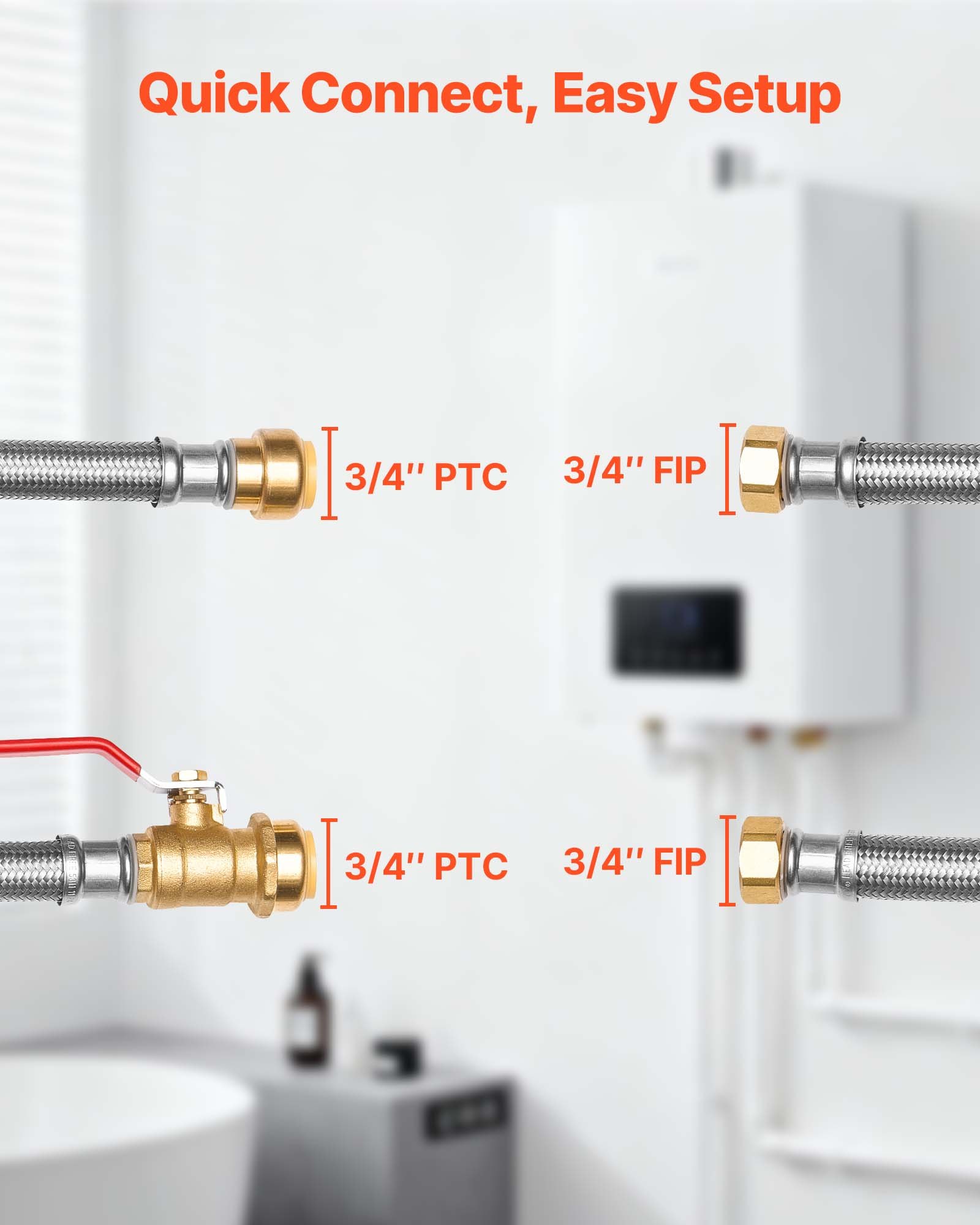 Water Heater Kit, Push-Fit Valve Flexible Water Heater Connector With 3/4" FIP X 3/4" PTC Ball Valve, Stainless Steel Braided Waters Heaters Supply Line For Bathroom, Kitchen, Laundry Room