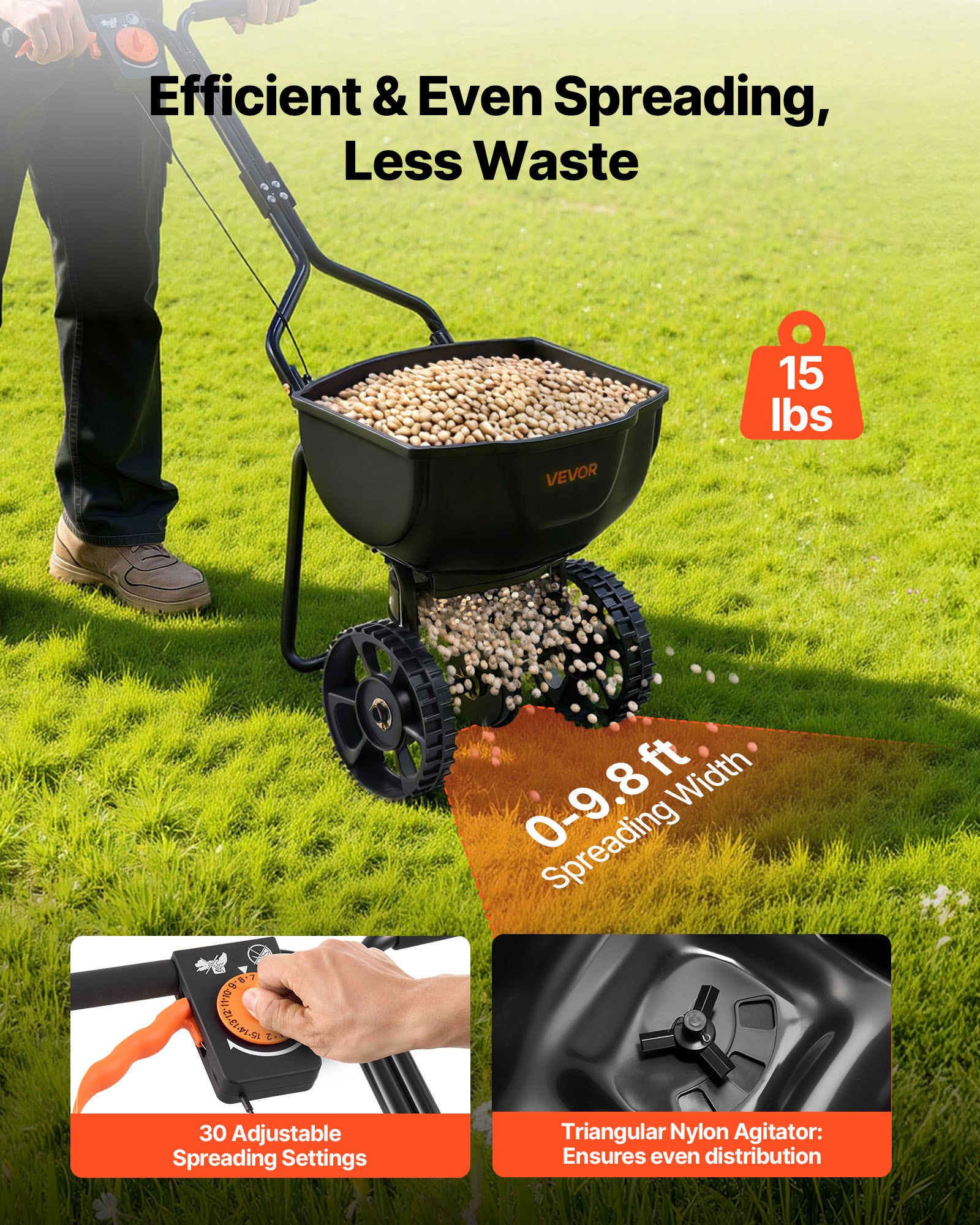 Walk-Behind Spreader, 9.8ft Spreading Width, Push Broadcast Spreader With 10" All-Terrain Tires, Adjustable Flow Control, 15lbs Capacity Hopper, Lawn Spreaders For Fertilizer Seed Small Home Use