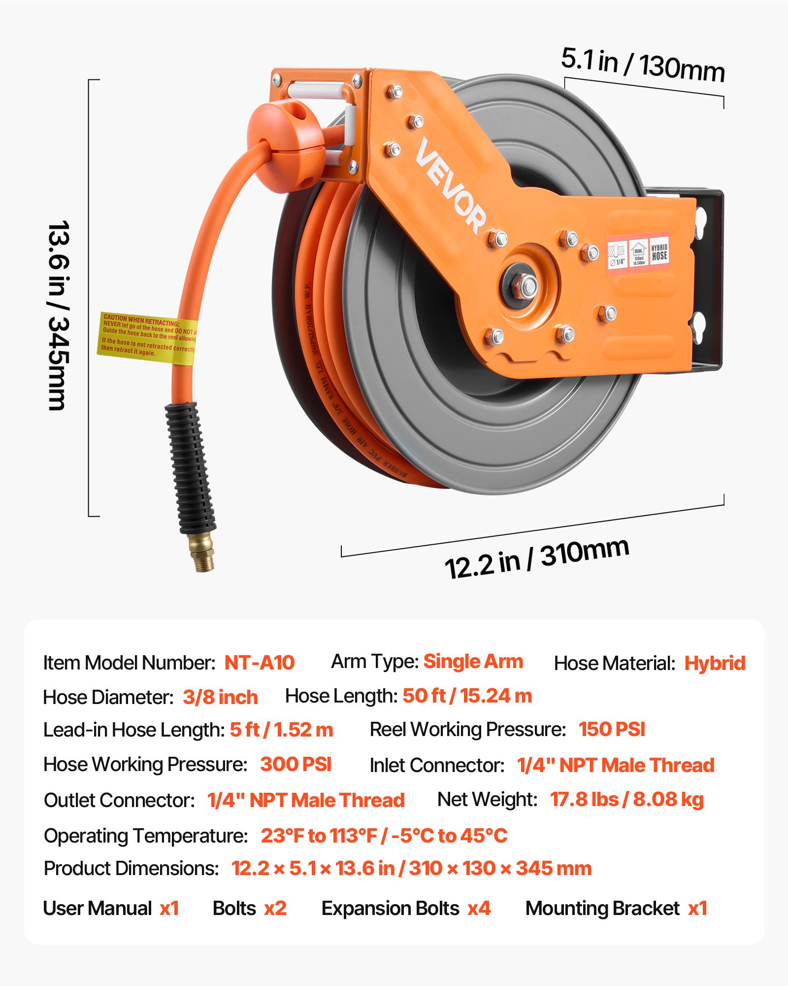 Retractable Air Hose Reel, 3/8 Inch X 50 FT Hybrid Air Hose Max 300PSI, Auto Rewind Air-Compressor Hoses Reel With 5 Ft Lead In, 180° Swivel Ceiling/Wall Mount For Garage Workshops