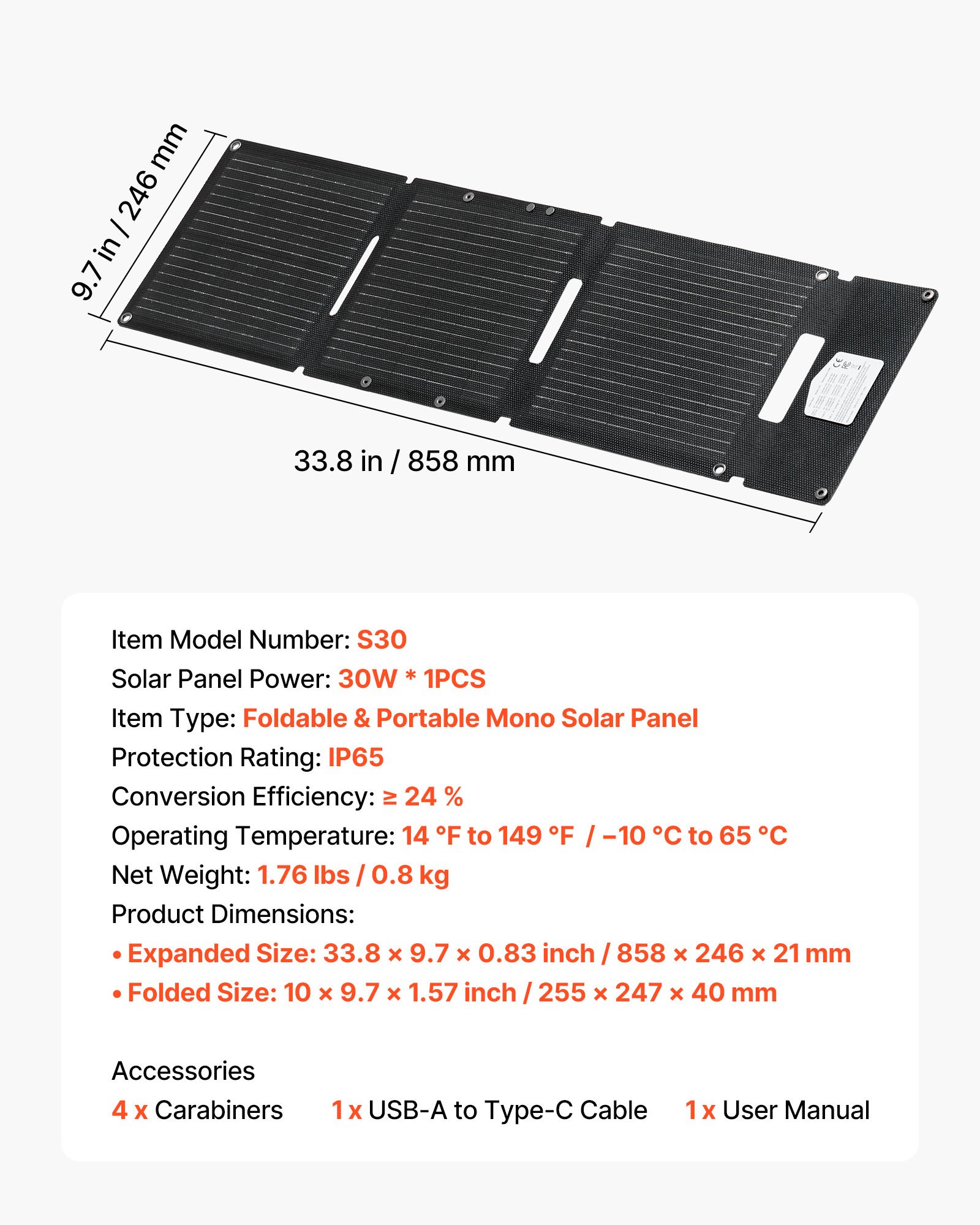 30W Foldable Solar Panel Charger, 16BB N-Type Monocrystalline Solar Panel 24% Efficiency, Ultra-Light Portable With USB-A, USB-A (QC3.0) & Type-C Ports For Camping, Backpacking, Phones, Tablets