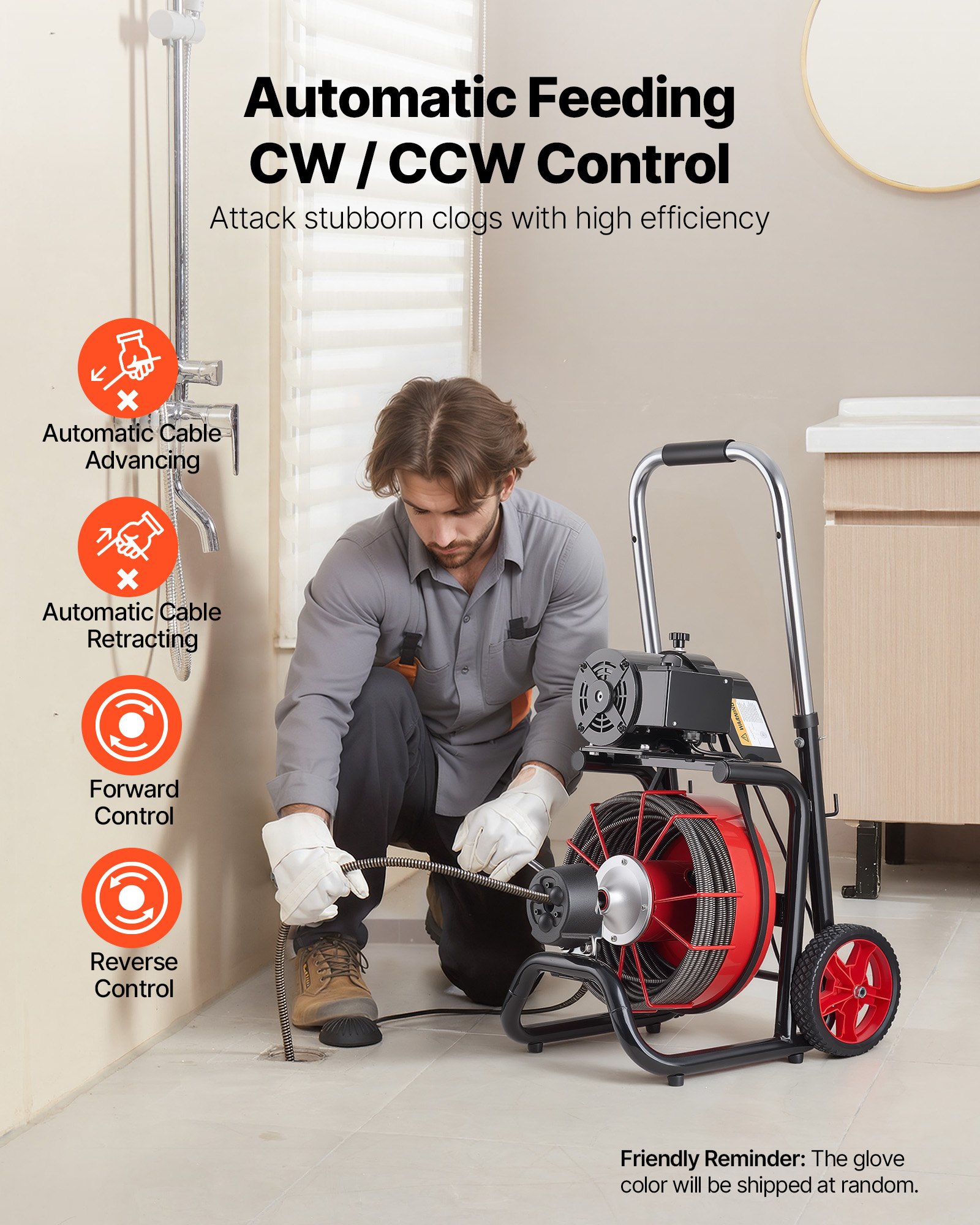 Drain Cleaner Machine 100 FT X 3/8 Inch, Auto Feed Sewer Snake Auger On Wheels - With 8 Cutters & Air-Activated Foot Switch For 2" To 4" Pipes