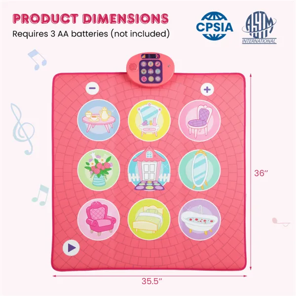 Pink Kids Dance Mat (3+ Ages), 5 Difficulty Levels & 9 Demo Songs, Non-Slip Safe Design