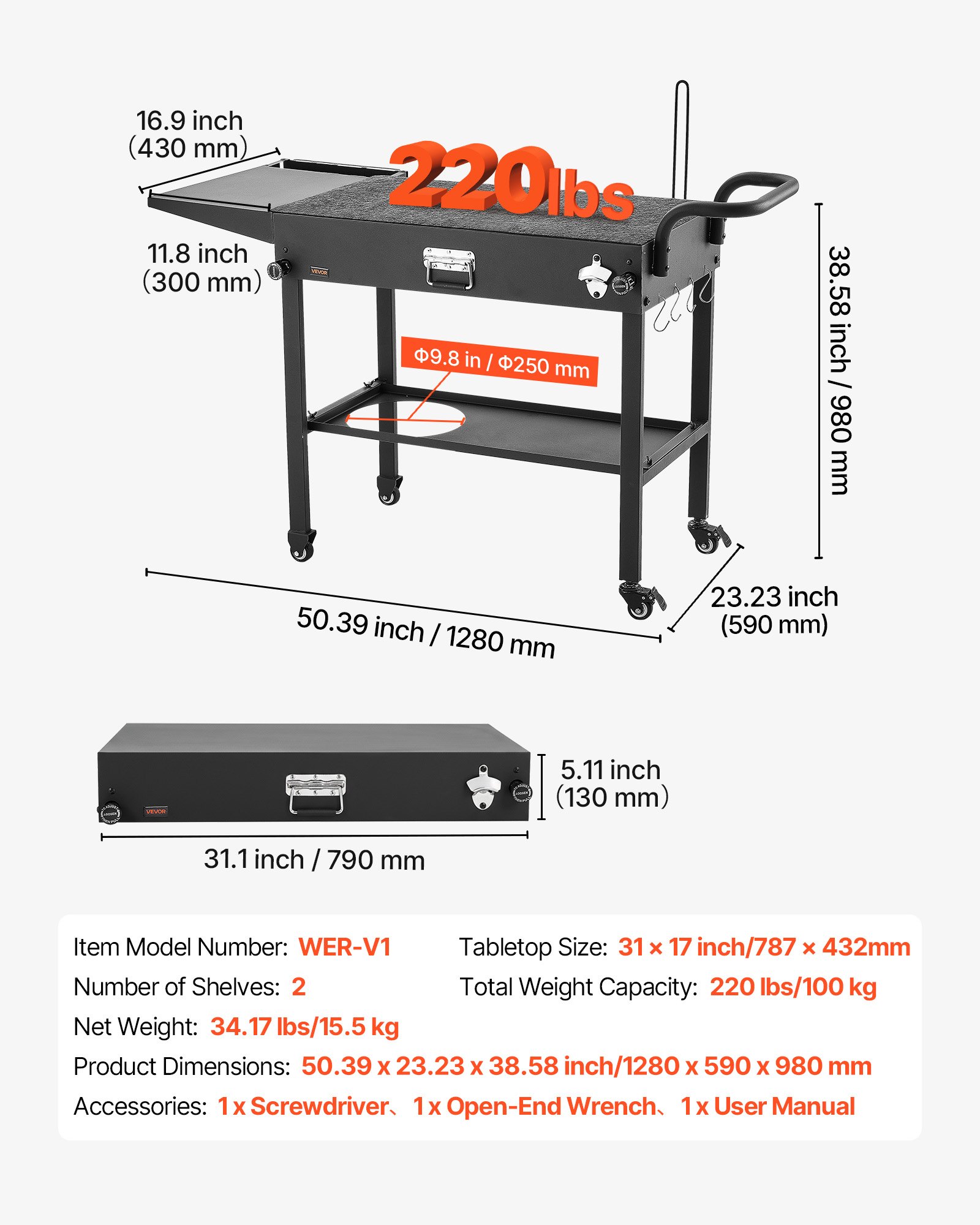 Outdoor Grill Cart, 31.0 X 17.0 Inch Tabletop Size Grilling Table, Foldable Outdoor Cooking Table With Tissue Holder, Hooks, Wheels, Side Table, BBQ Prep Tables For Picnic, Kitchen, Courtyard