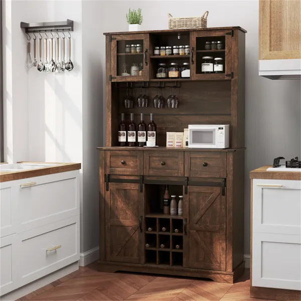 Brown Farmhouse 72" Pantry Cabinet With Hutch, Sliding Barn Doors & Wine Storage Rack