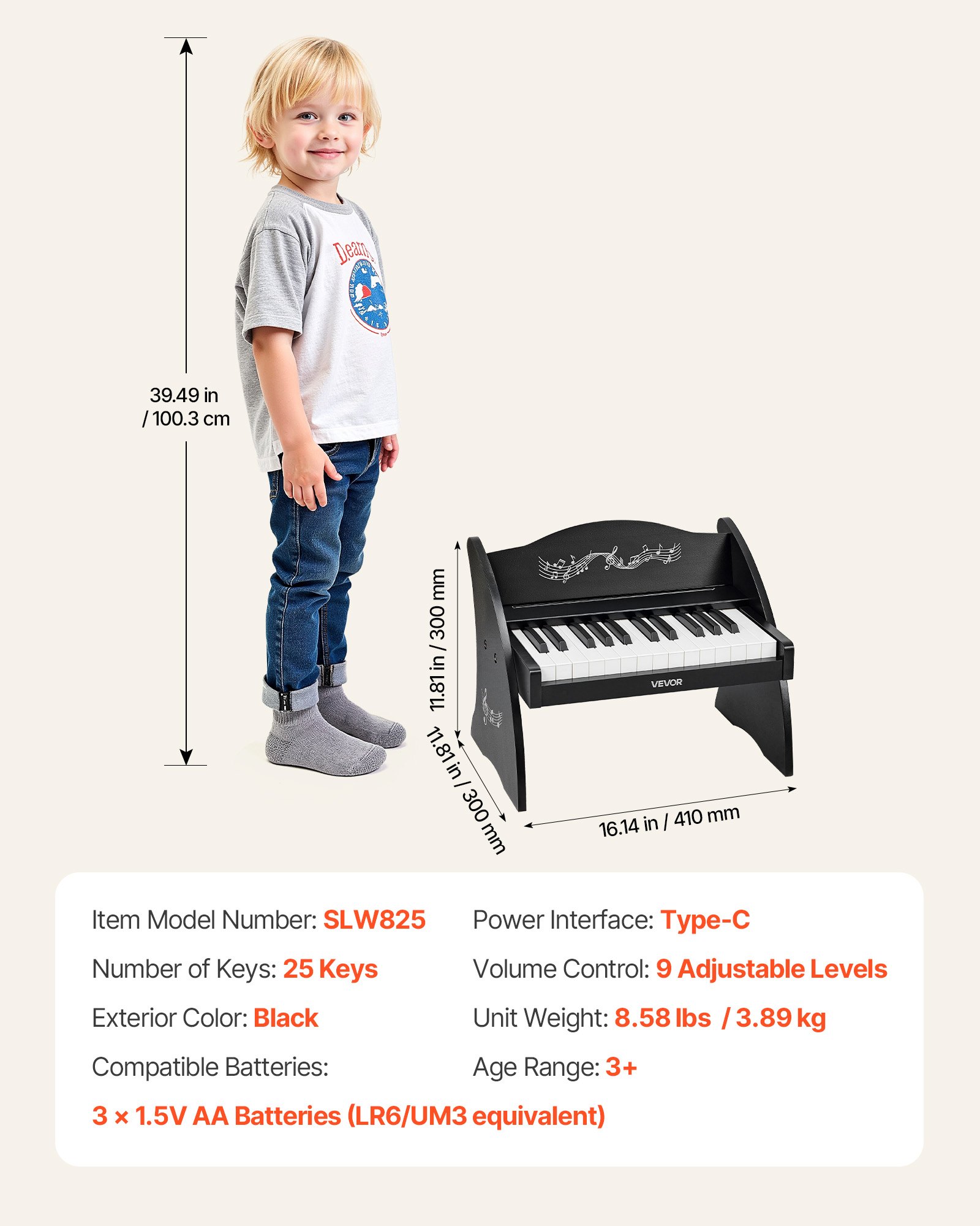 Kids Piano Keyboard, 25 Keys Wooden Digital Piano For Kids, Mini Music Educational Instrument Toy With Realistic Sound, Dual Power, Adjustable Volume For Toddlers, Boys Girls Learning, Black