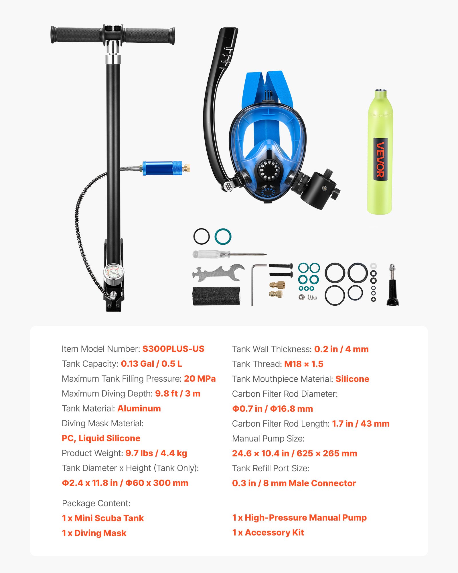 Mini Scuba Tank With Sub-Mask, 0.5L Portable Diving Tank For Underwater Breathing, Reusable Lung Diving Cylinder Up To 10 Minutes Dive Time, Emergency Rescue Pony Bottle With Pump For Snorkeling