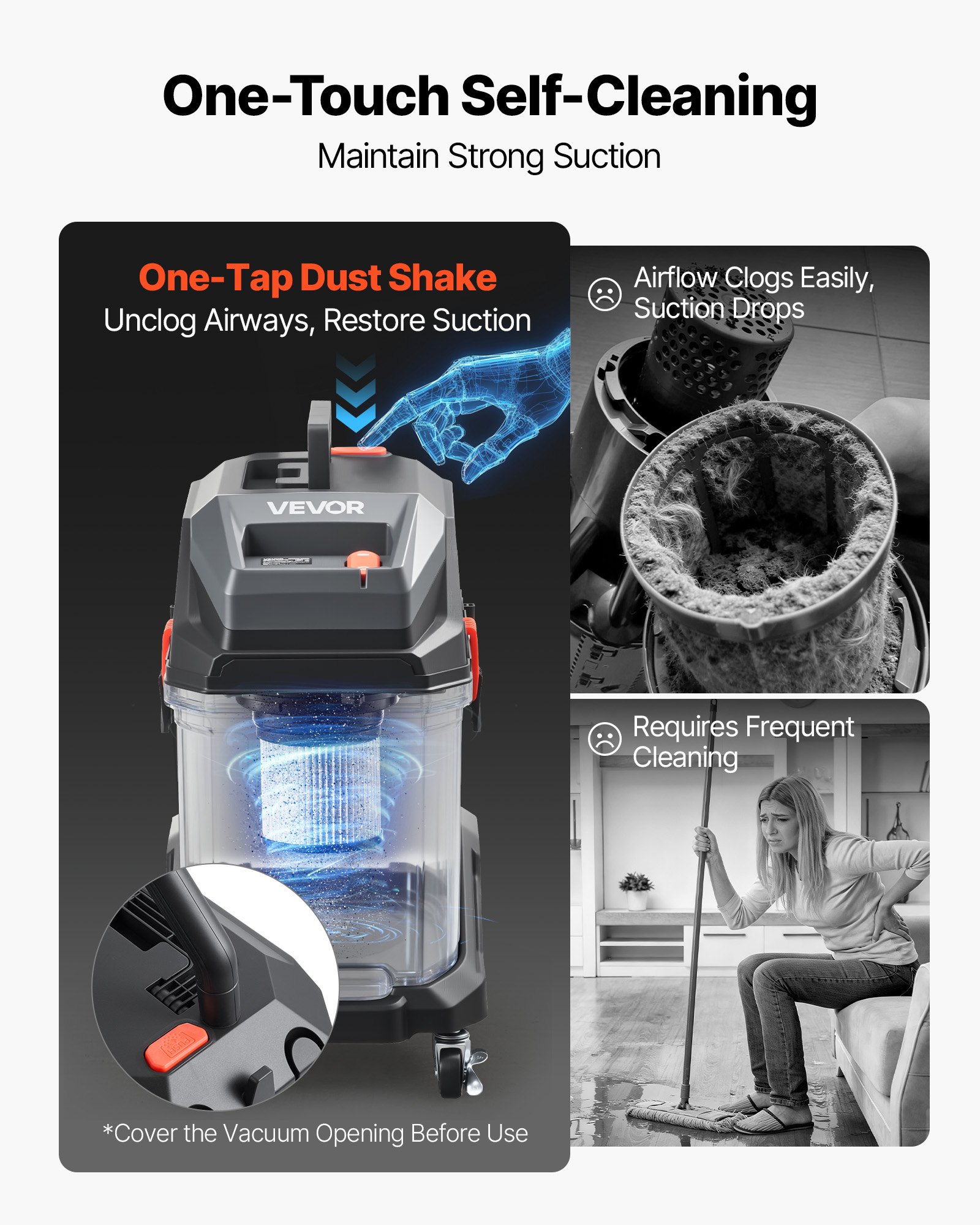 Commercial Shop Vac, 11 Gallon Wet Dry Shop Vacuum, 5.5 Peak HP Portable With One-Button Self-Cleaning, 1350W Input, 1.25in X 7ft Hose, 20ft Cord, Industrial-Grade For Jobsite, Workshop