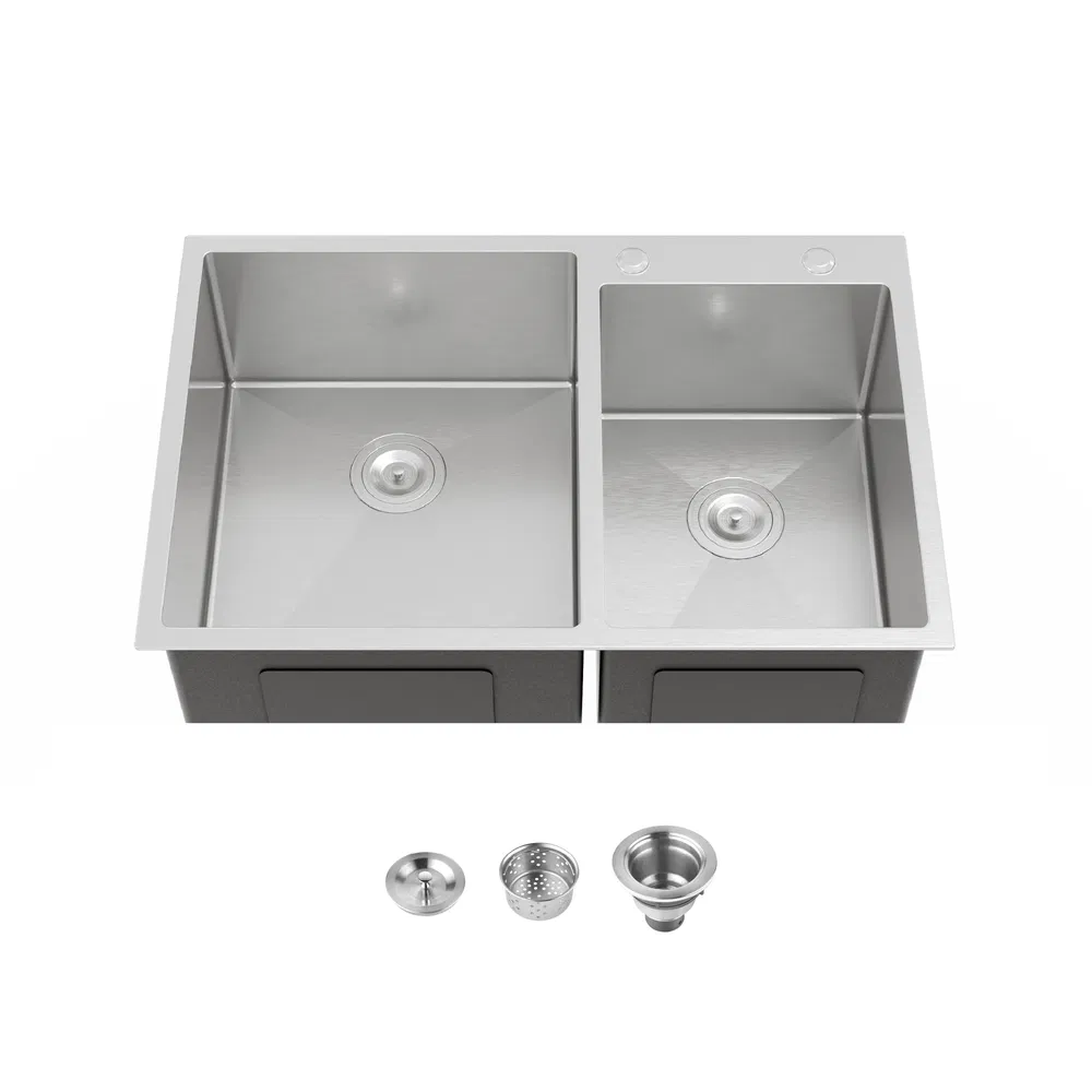 33'x19' Embedded Double Bowl Kitchen Sink, Overmount Handmade Sink In Brushed - Sink Only - Unable Ship Weekends, TK And TEMU Only For Pickup