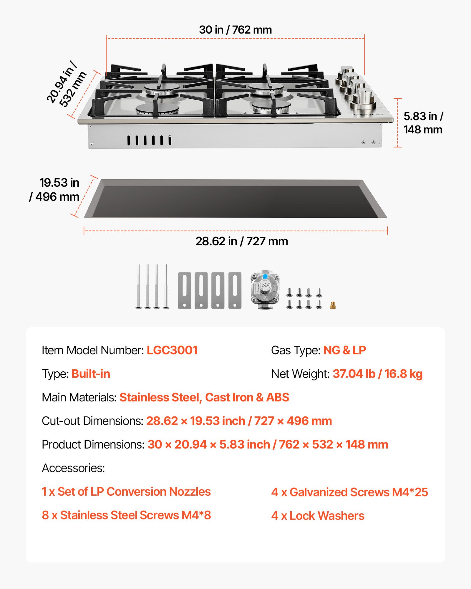 Gas Cooktop, 30 Inch 4 Burners Gas Stove Top, Max 48000BTU Built-in Stainless Steel Stove Top LPG/NG Convertible Dual Fuel Cooktop Stoves With Sealed Burner For Sear, Stew, Boil, Stir-Fry