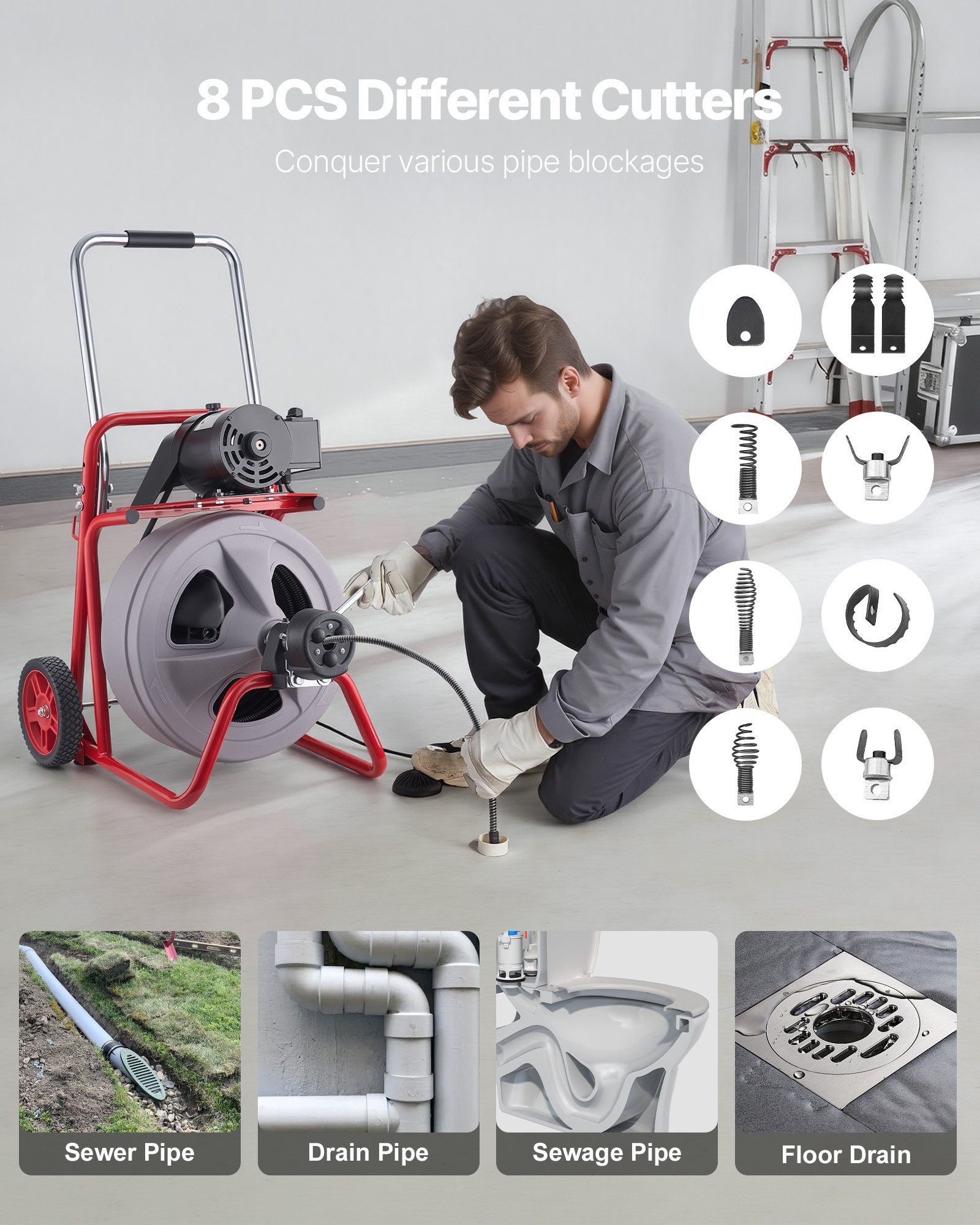 Drain Cleaner Machine 75 FT X 1/2 Inch, Auto Feed Sewer Snake Drain Auger On Wheels, Portable Drain Cleaning Machine With 8 Cutters & Air-Activated Foot Switch For 2" To 6" Pipes