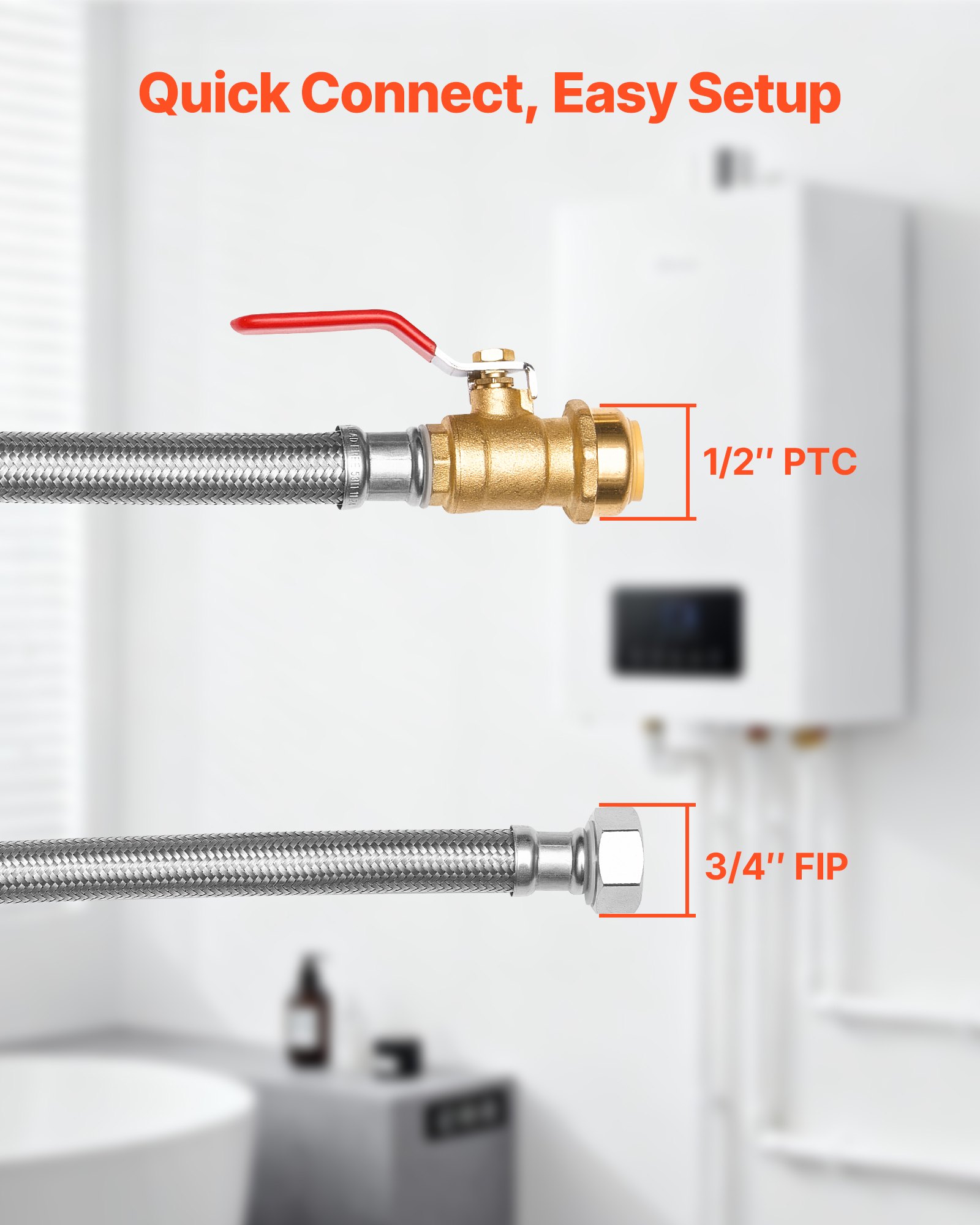 Water Heater Kit, Push-Fit Valve Flexible Water Heater Connector With 3/4" FIP X 1/2" PTC Ball Valve, Stainless Steel Braided Waters Heaters Supply Line For Bathroom, Kitchen, Laundry Room