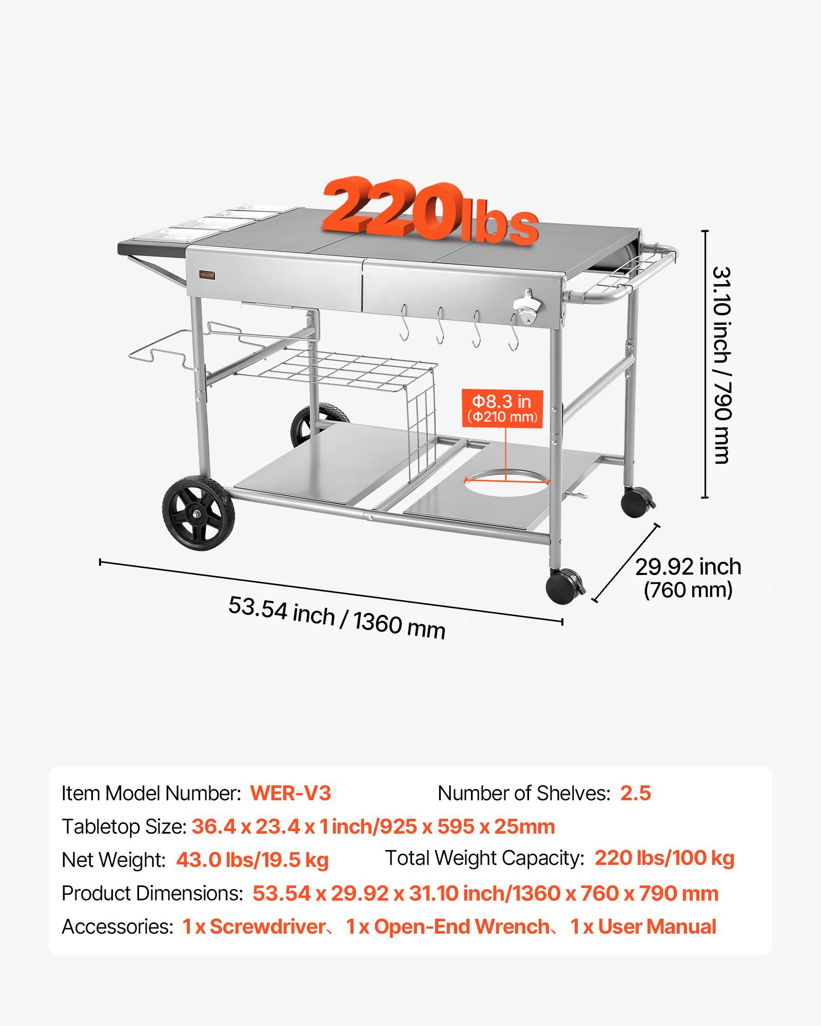 Outdoor Grill Cart, 36.4 X 23.4 X 1 Inch Tabletop Size Grilling Table, Movable Outdoor Cooking Table With 4 Spice Containers, Wheels, Lids, Hooks, BBQ Prep Tables For Picnic, Kitchen, Courtyard