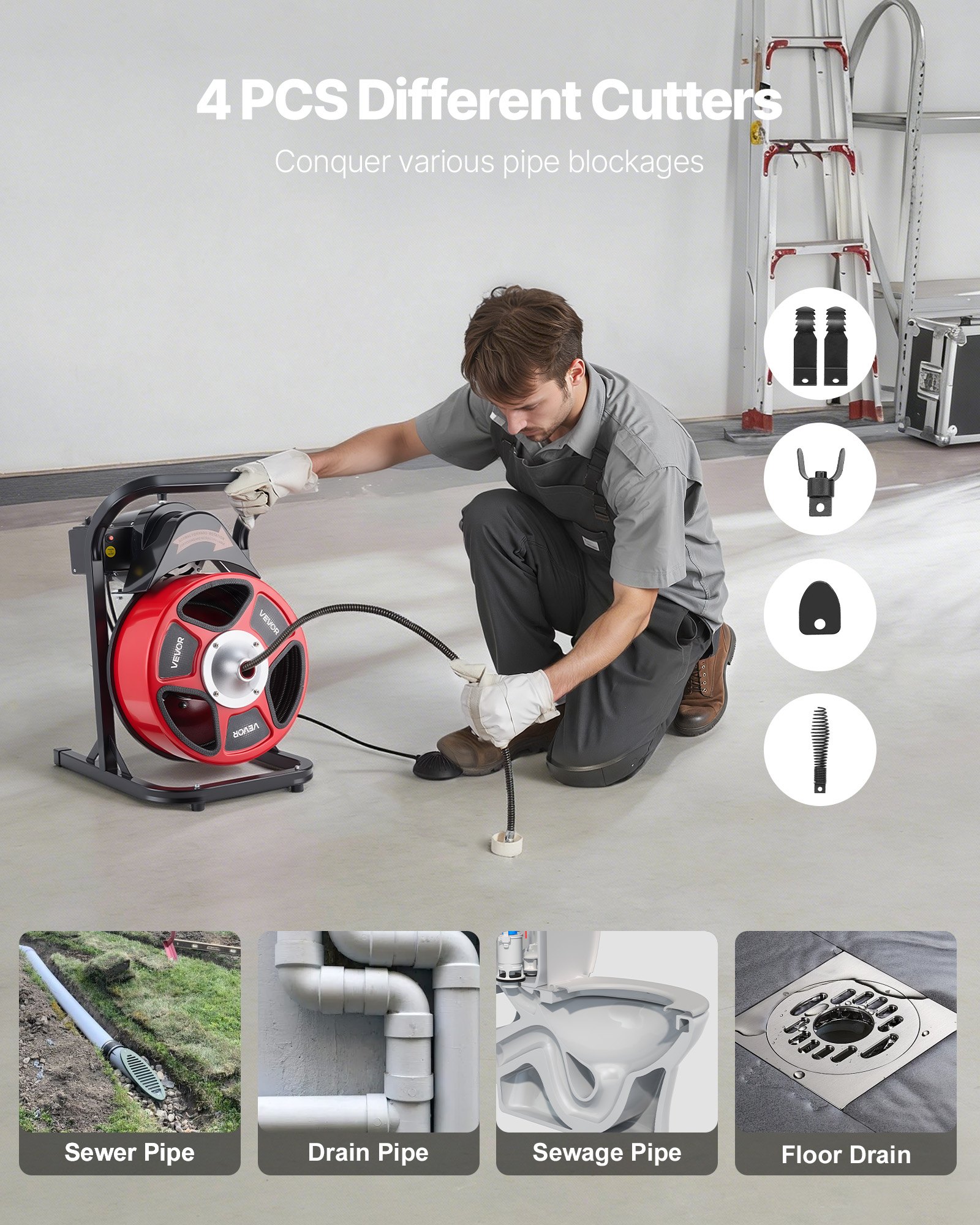 Drain Cleaner Machine 50 FT X 1/2 Inch, Manual Feed Sewer Snake Auger With 4 Cutters & Air-Activated Foot Switch For 2" To 6" Pipes