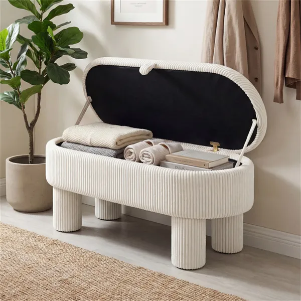 Beige 42 Inch Corduroy Storage Bench, Plush Foam Cushion & Hidden Compartment, 400LBS Seat Weight Capacity