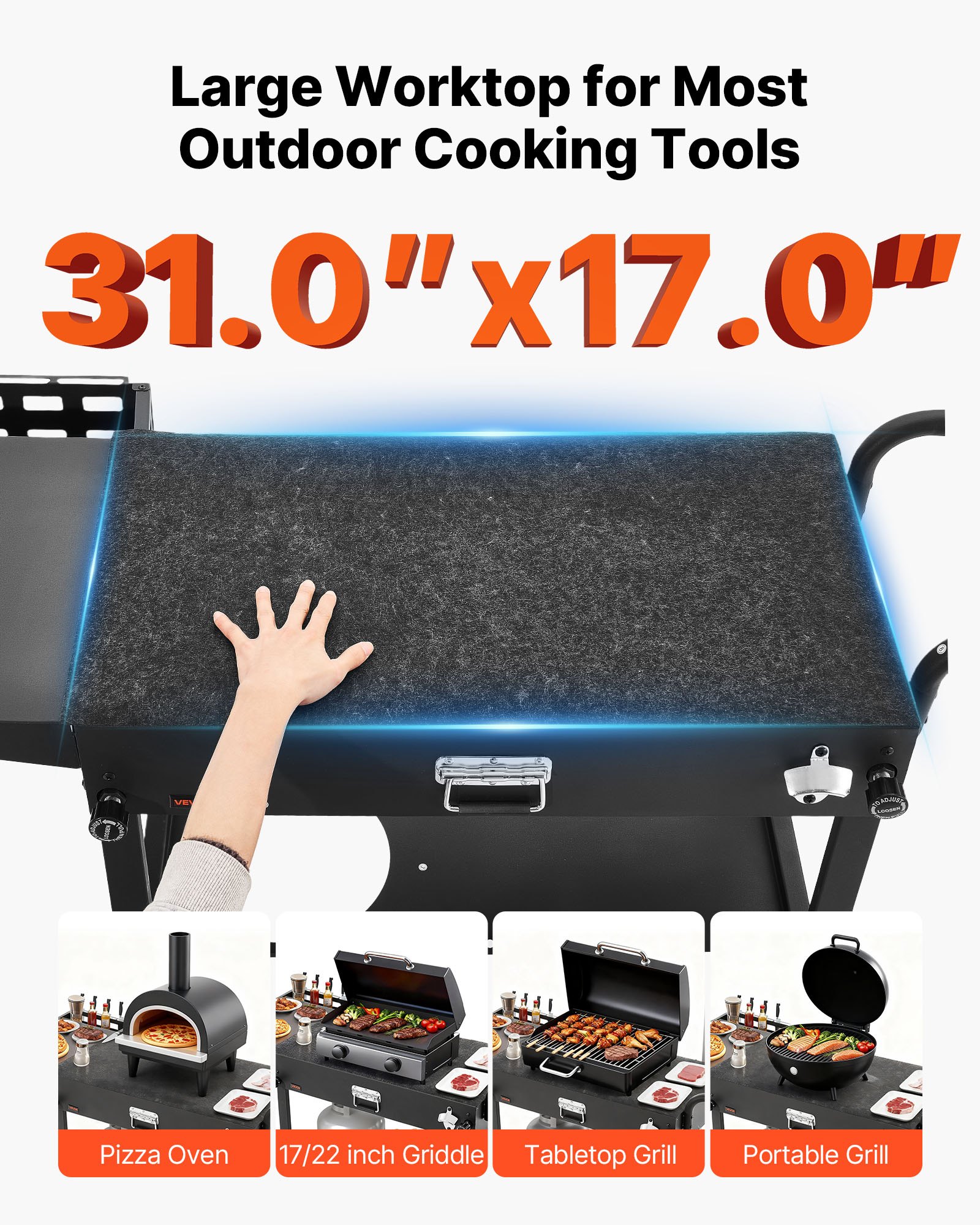 Outdoor Grill Cart, 31.0 X 17.0 Inch Tabletop Size Grilling Table, Foldable Outdoor Cooking Table With Tissue Holder, Hooks, Wheels, Side Table, BBQ Prep Tables For Picnic, Kitchen, Courtyard