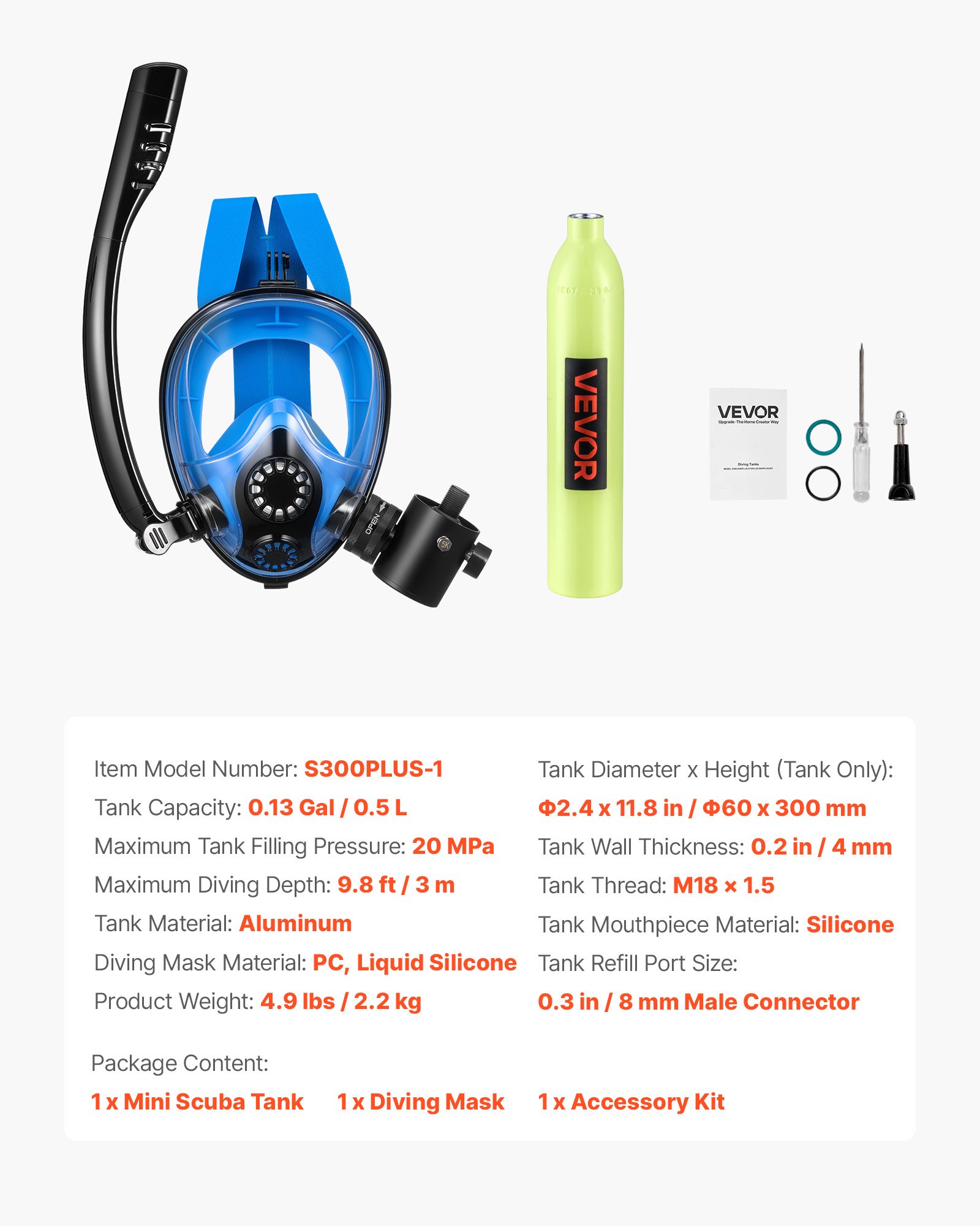 Mini Scuba Tank With Sub-Mask, 0.5L Portable Small Diving Tank For Underwater Breathing, Reusable Lung Diving Cylinder Up To 10 Minutes Dive Time, Emergency Rescue Pony Bottle For Snorkeling