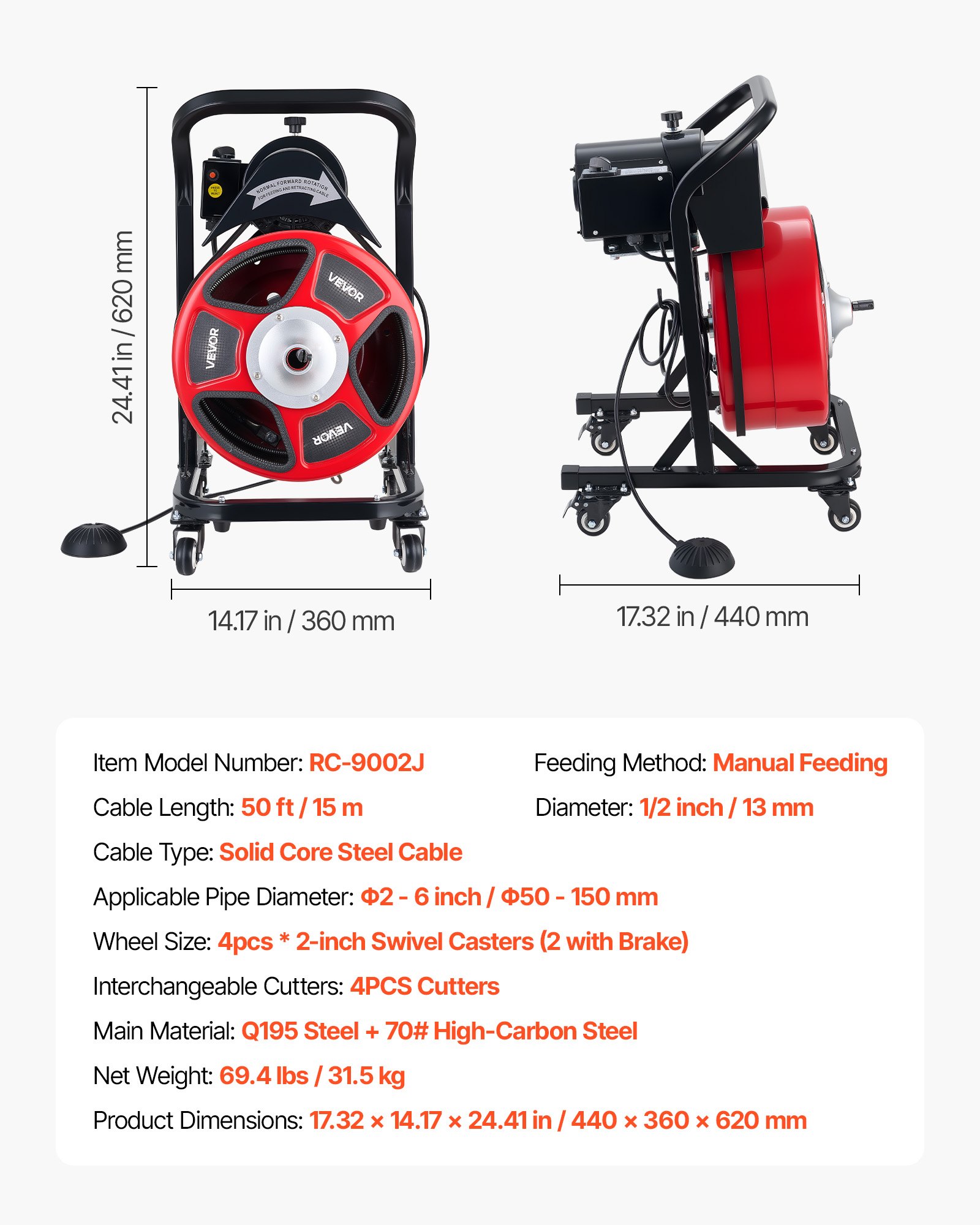 Drain Cleaner Machine 50 FT X 1/2 Inch, Manual Feed Sewer Snake Auger On Wheels - With 4 Cutters & Air-activated Foot Switch For 2" To 6" Pipes