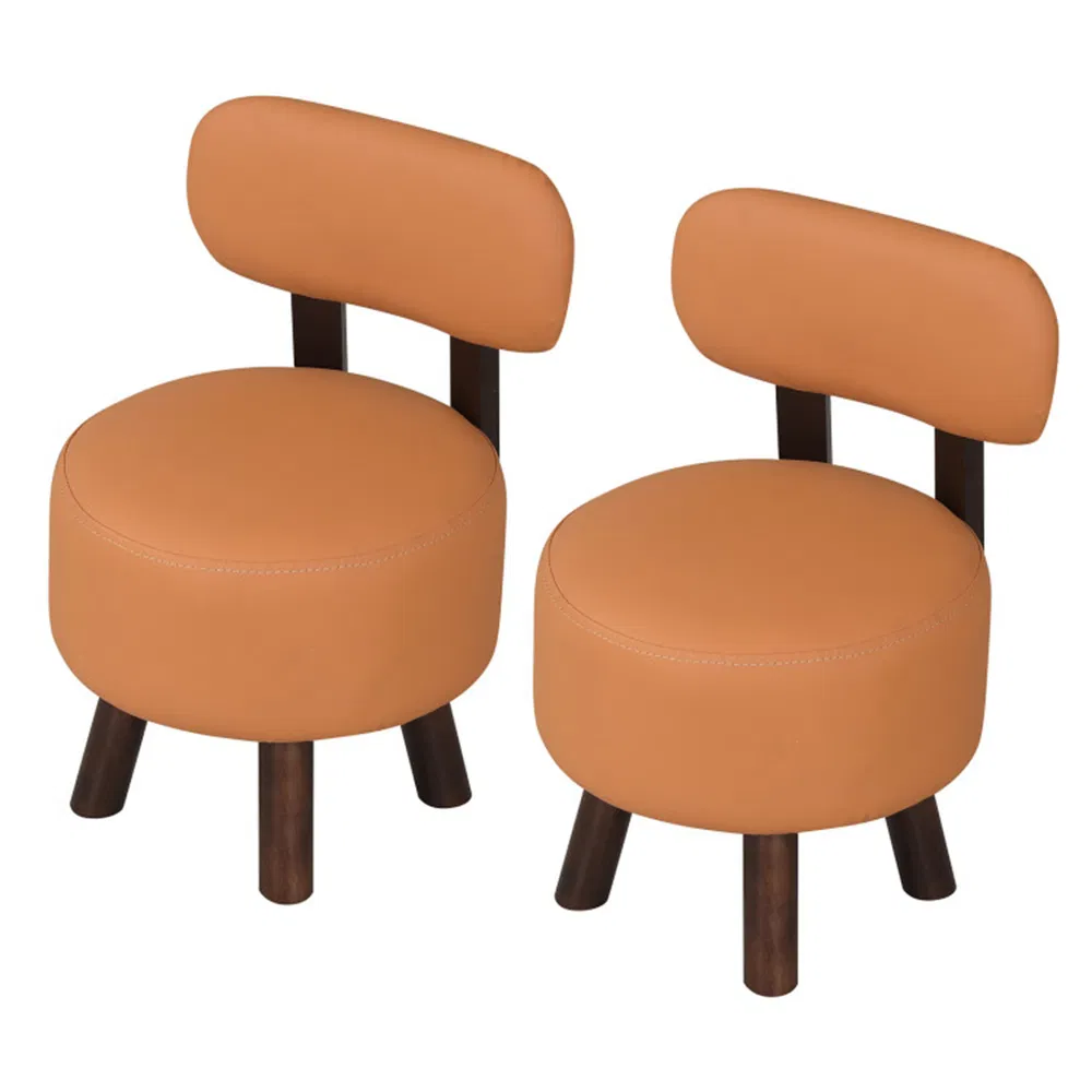 2-Piece Orange Small Footstools, Leather Upholstery & Solid Rubber Wood Legs, 330LBS Load Capacity_voghion.com