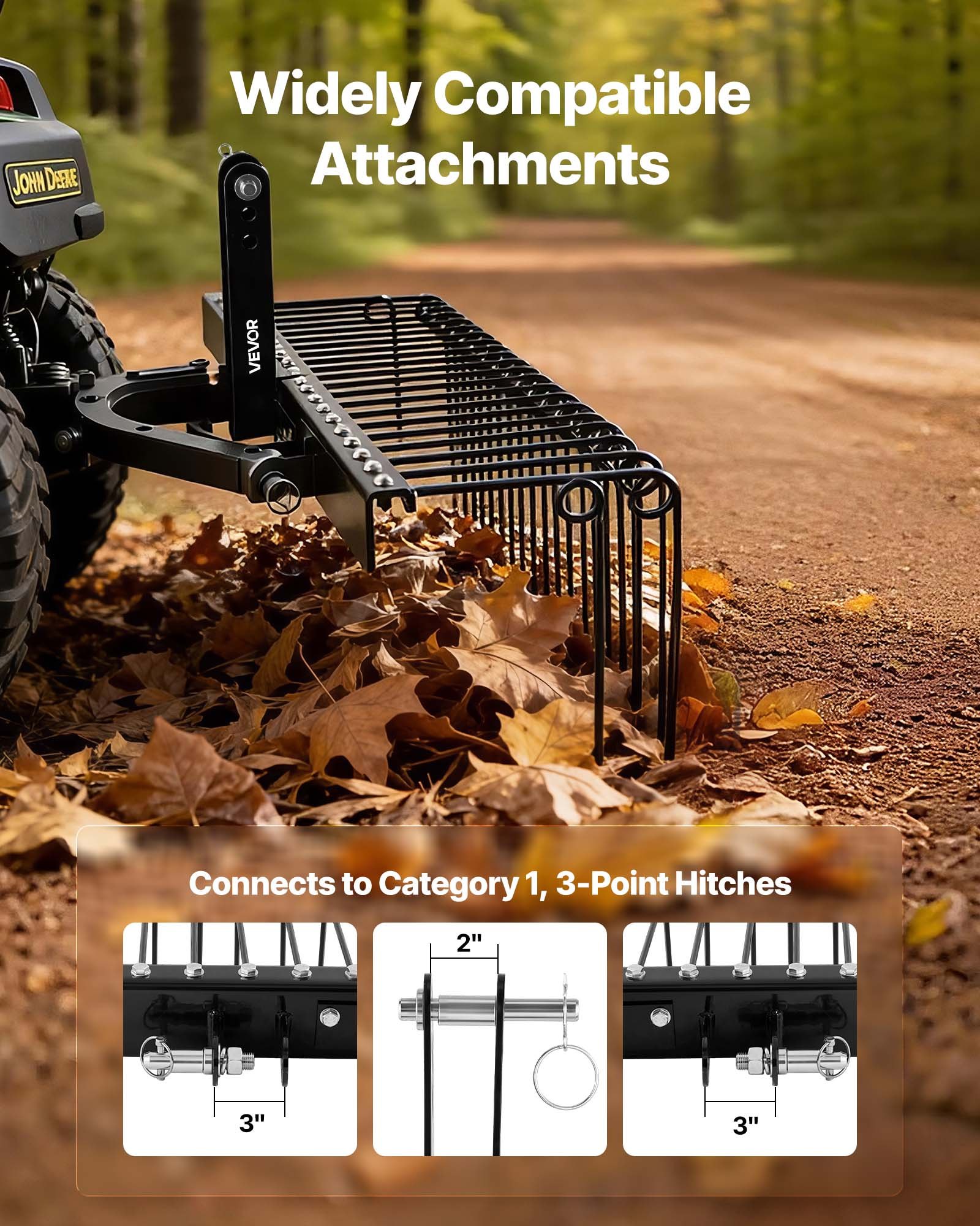 60 In Tow Behind Landscape Rake, 3 Point Hitch Lawn Dethatcher Rake, 26 Spring Steel Tines, For Category 1 Tractors, Heavy Duty & Rust-Resistant Rakes Tractor Attachments For Leaves Pine Needles